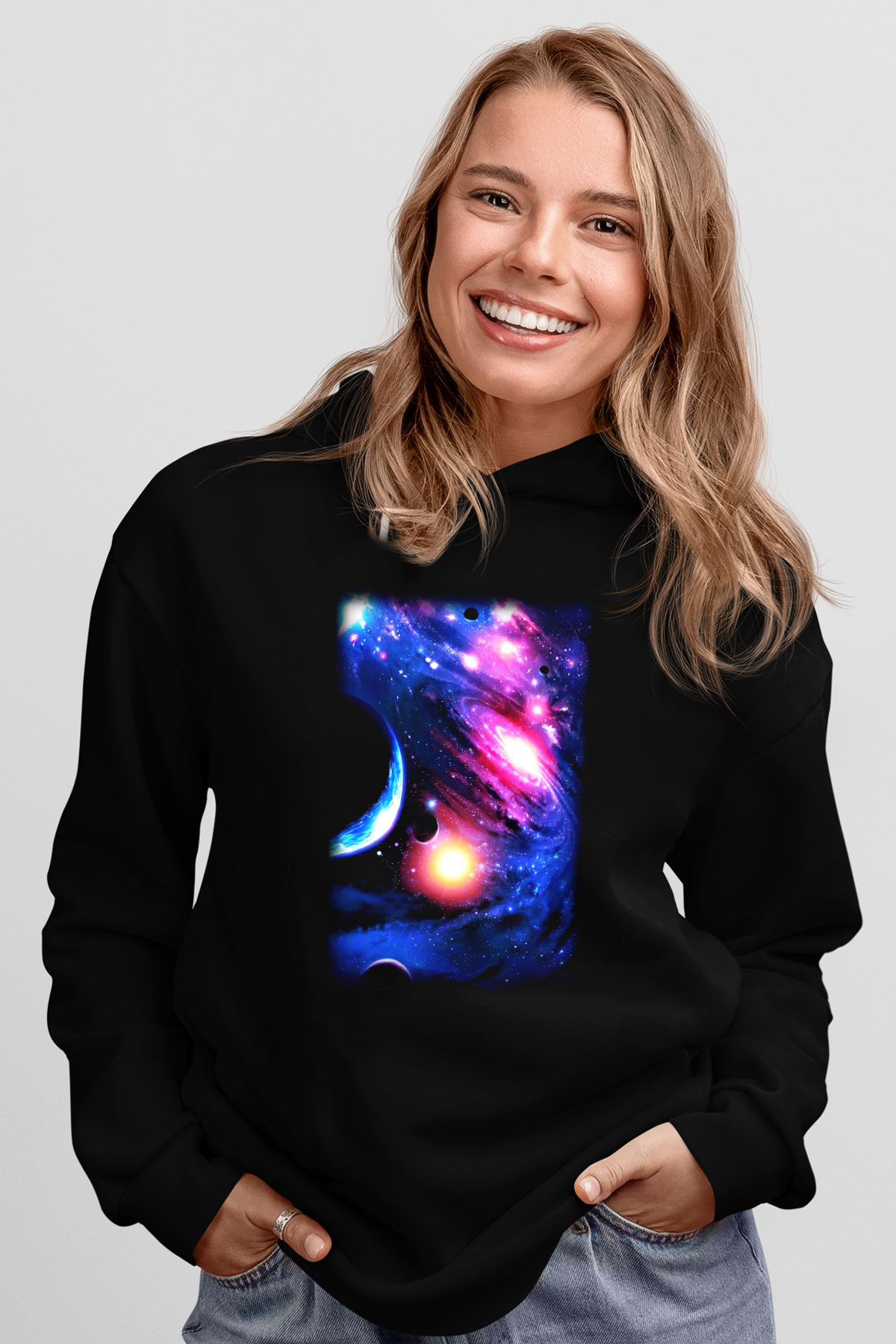 Astronom Siyah Unisex Kapşonlu Sweatshirt