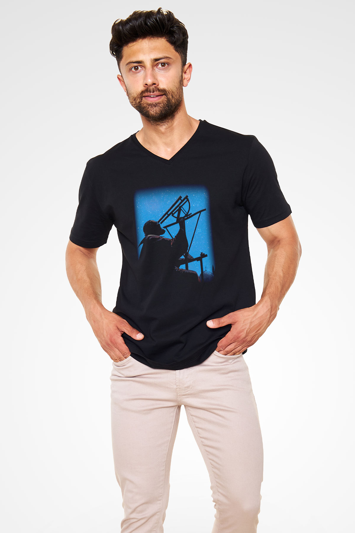 Astronom Siyah Unisex V Yaka Tişört T-Shirt