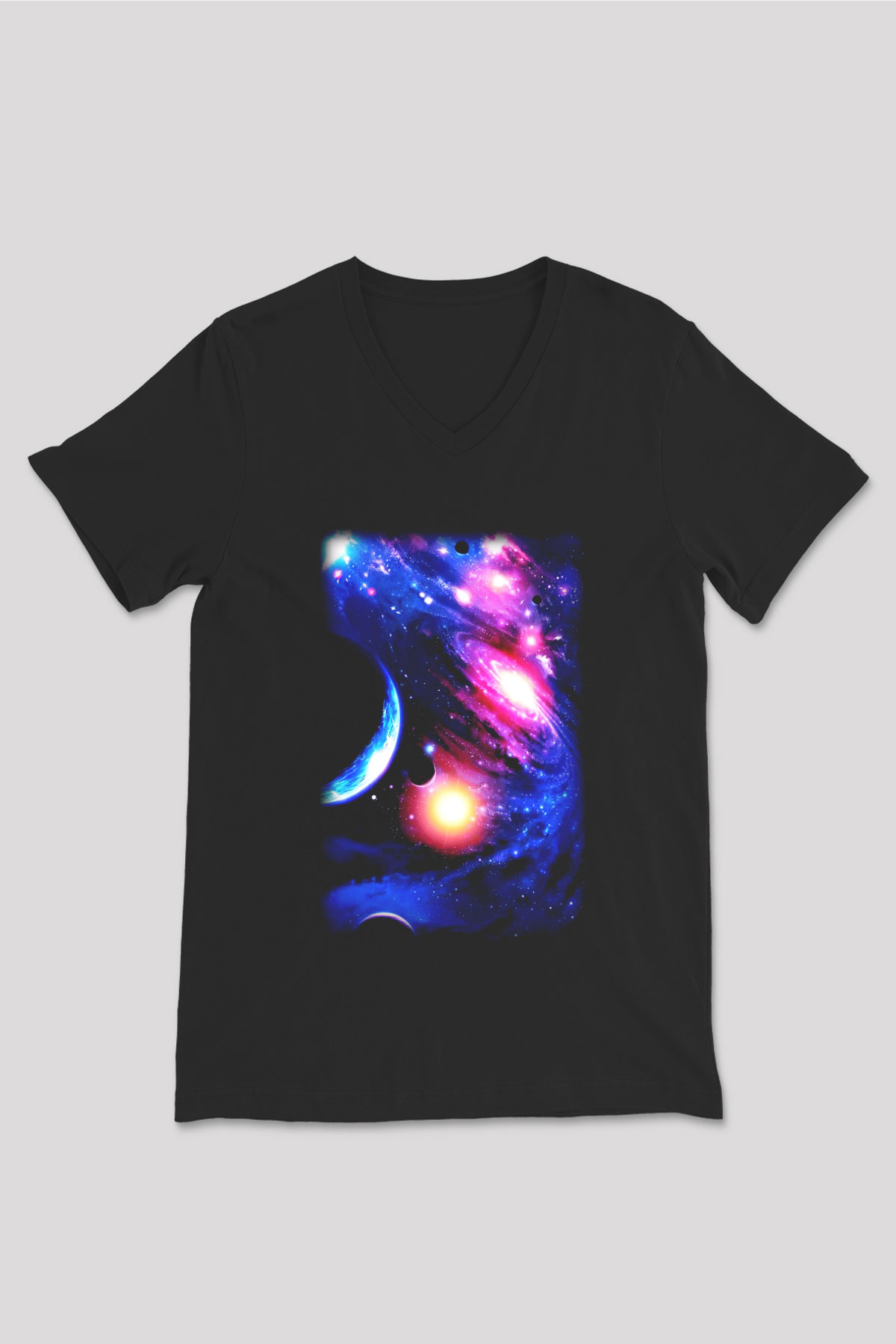 Astronom Siyah Unisex V Yaka Tişört T-Shirt