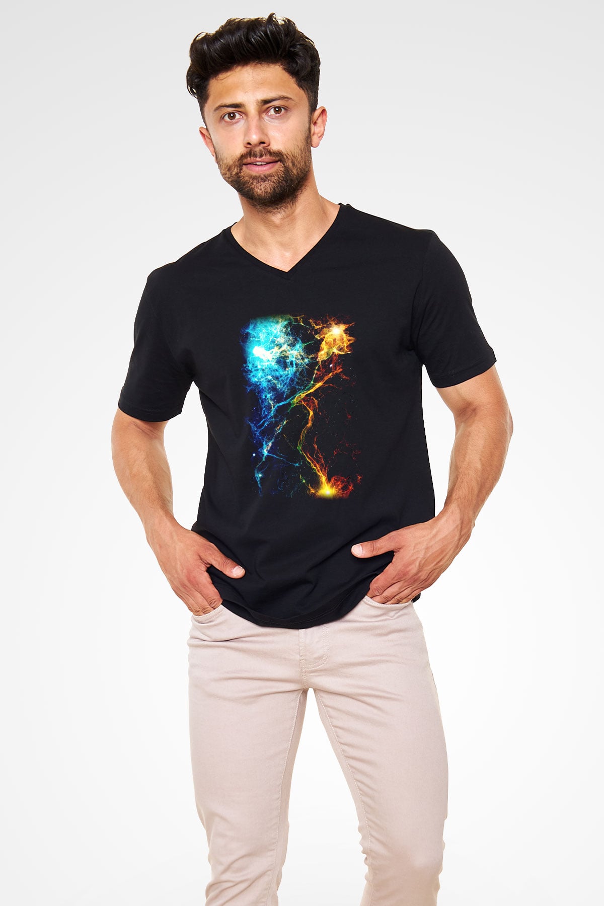 Astronom Siyah Unisex V Yaka Tişört T-Shirt