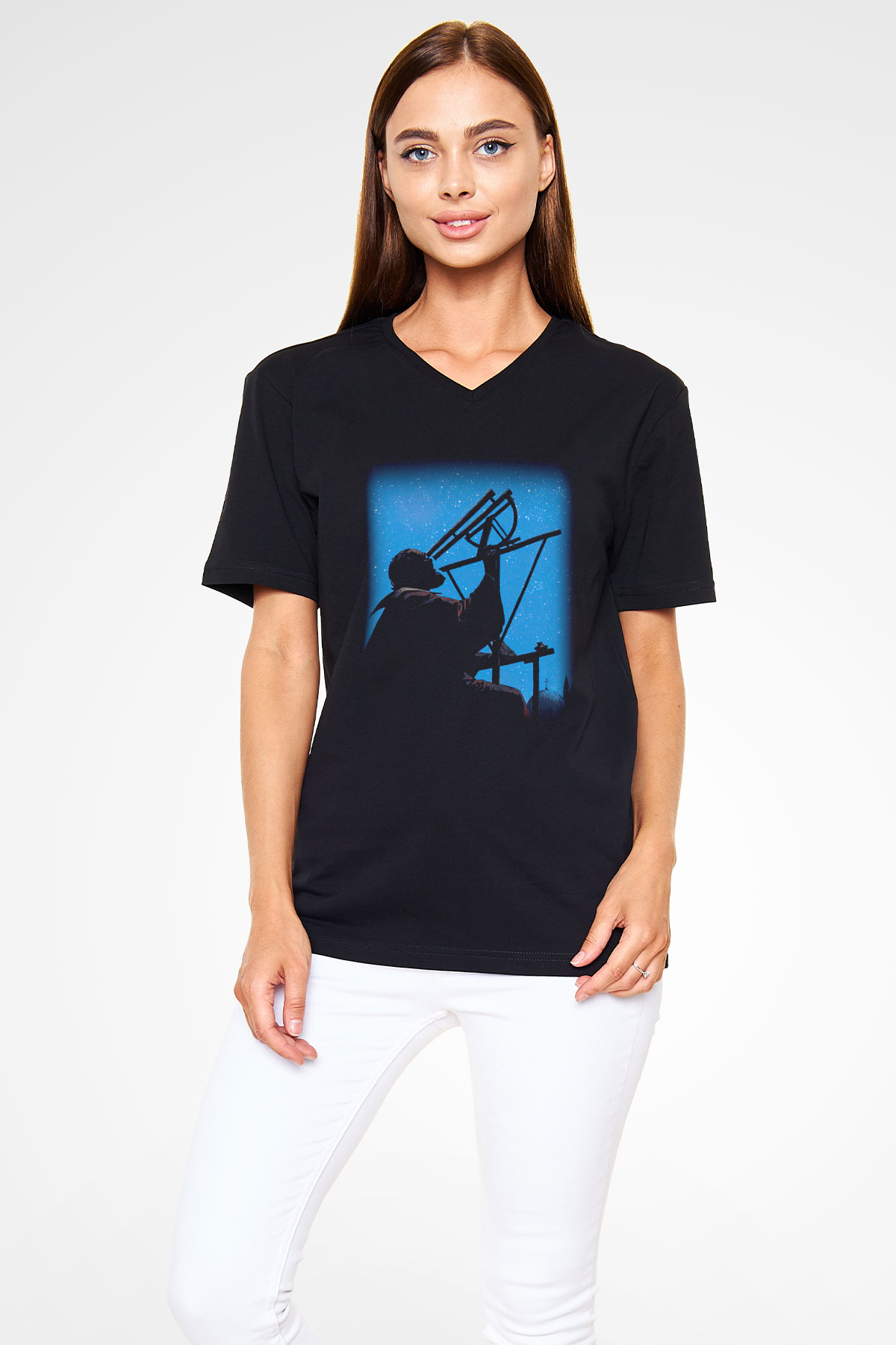 Astronom Siyah Unisex V Yaka Tişört T-Shirt