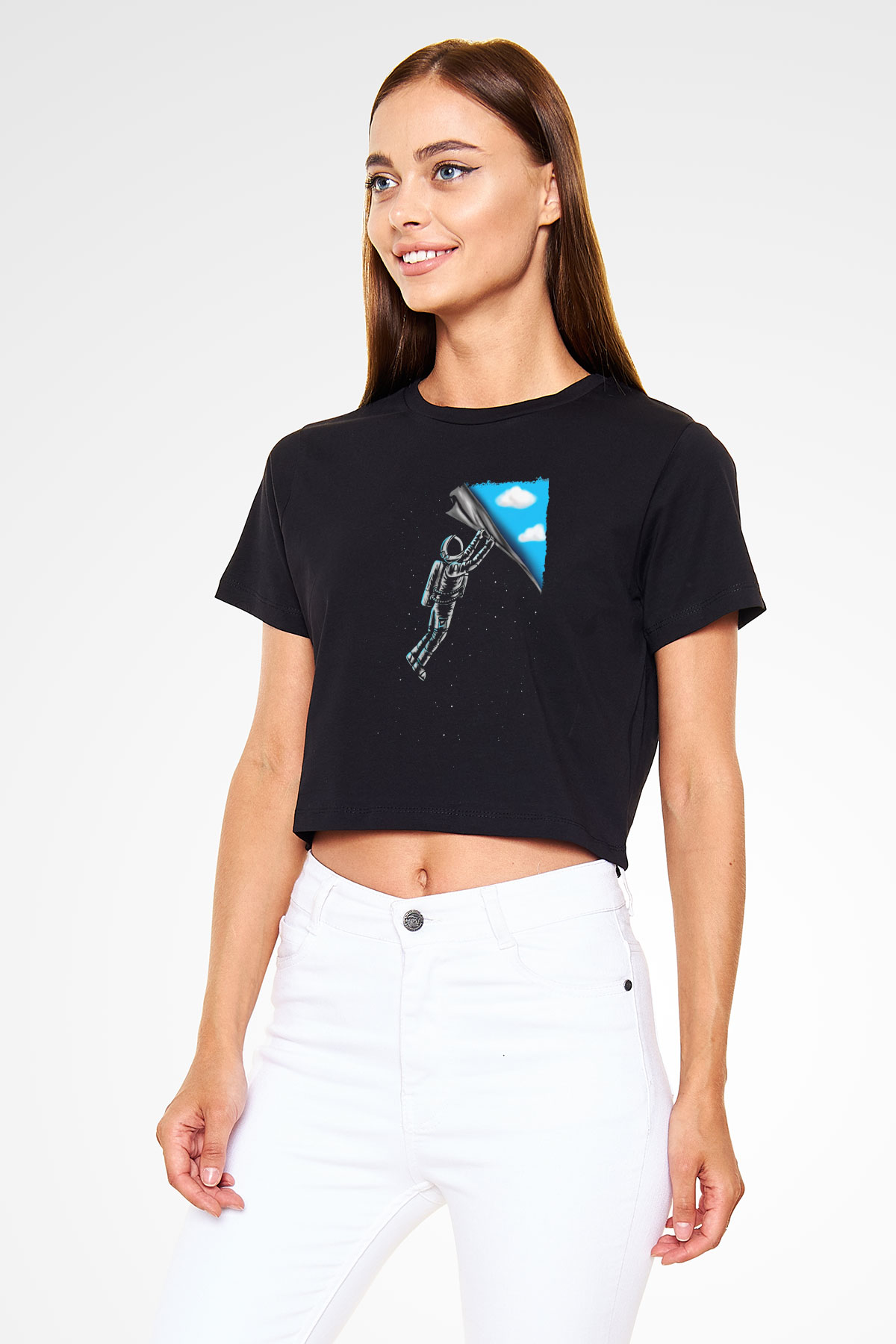 Astronot Baskılı  Siyah  Crop Top Tişört