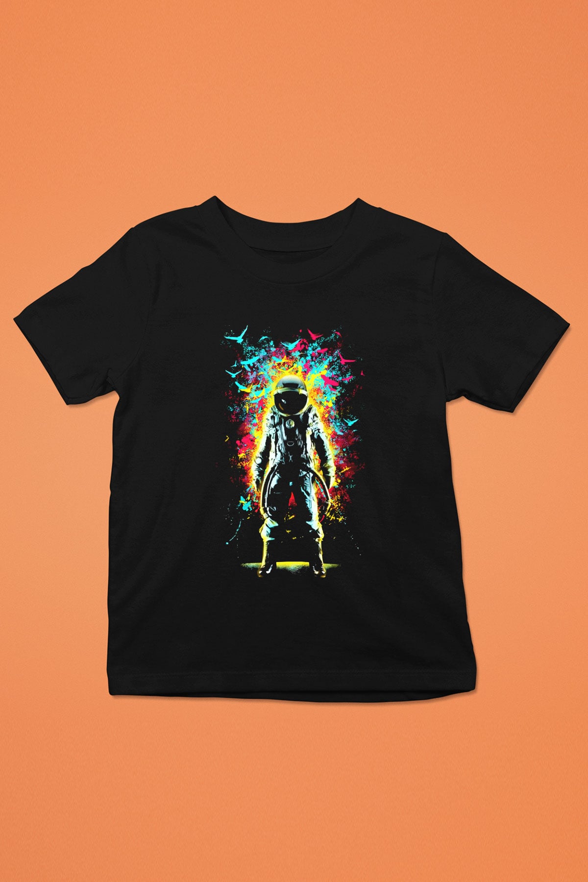 Astronot Baskılı Siyah Unisex Çocuk Tişört