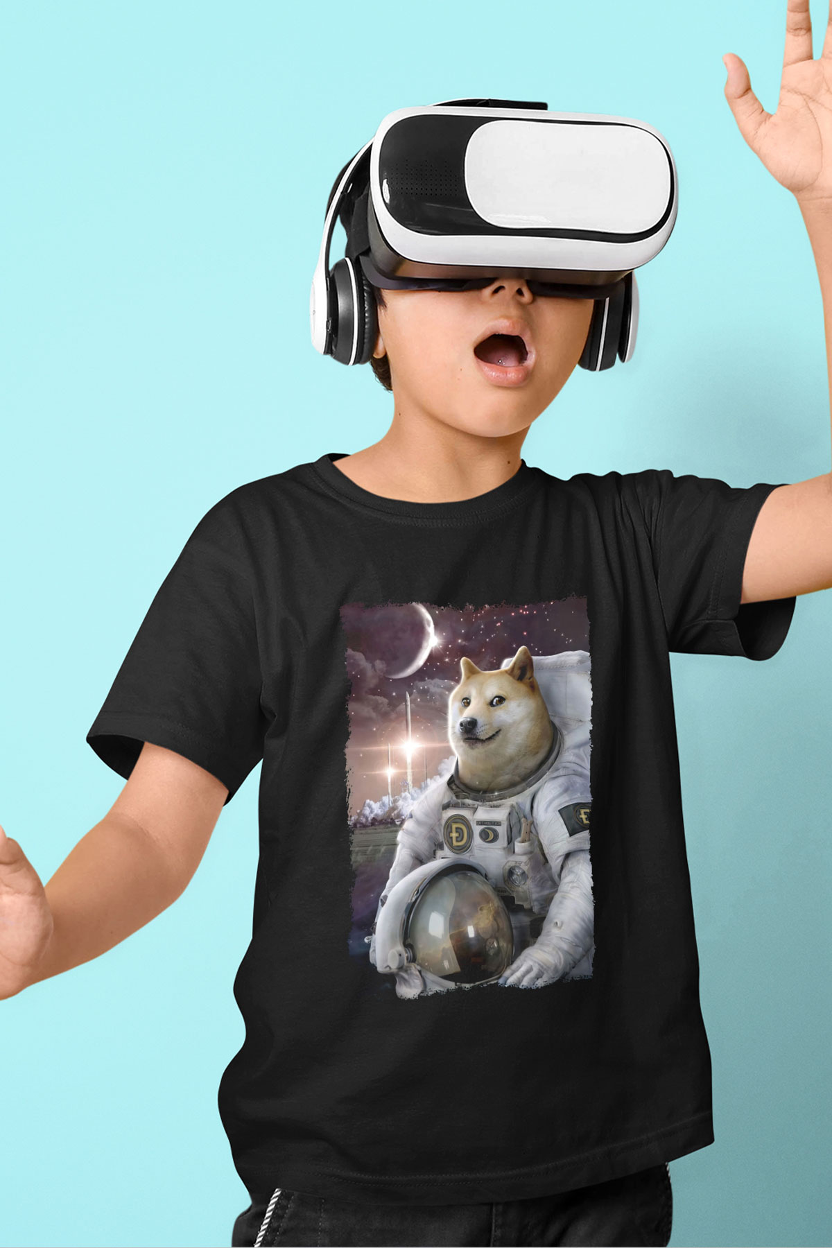 Astronot Husky Baskılı Unisex Siyah  Çocuk Tişört
