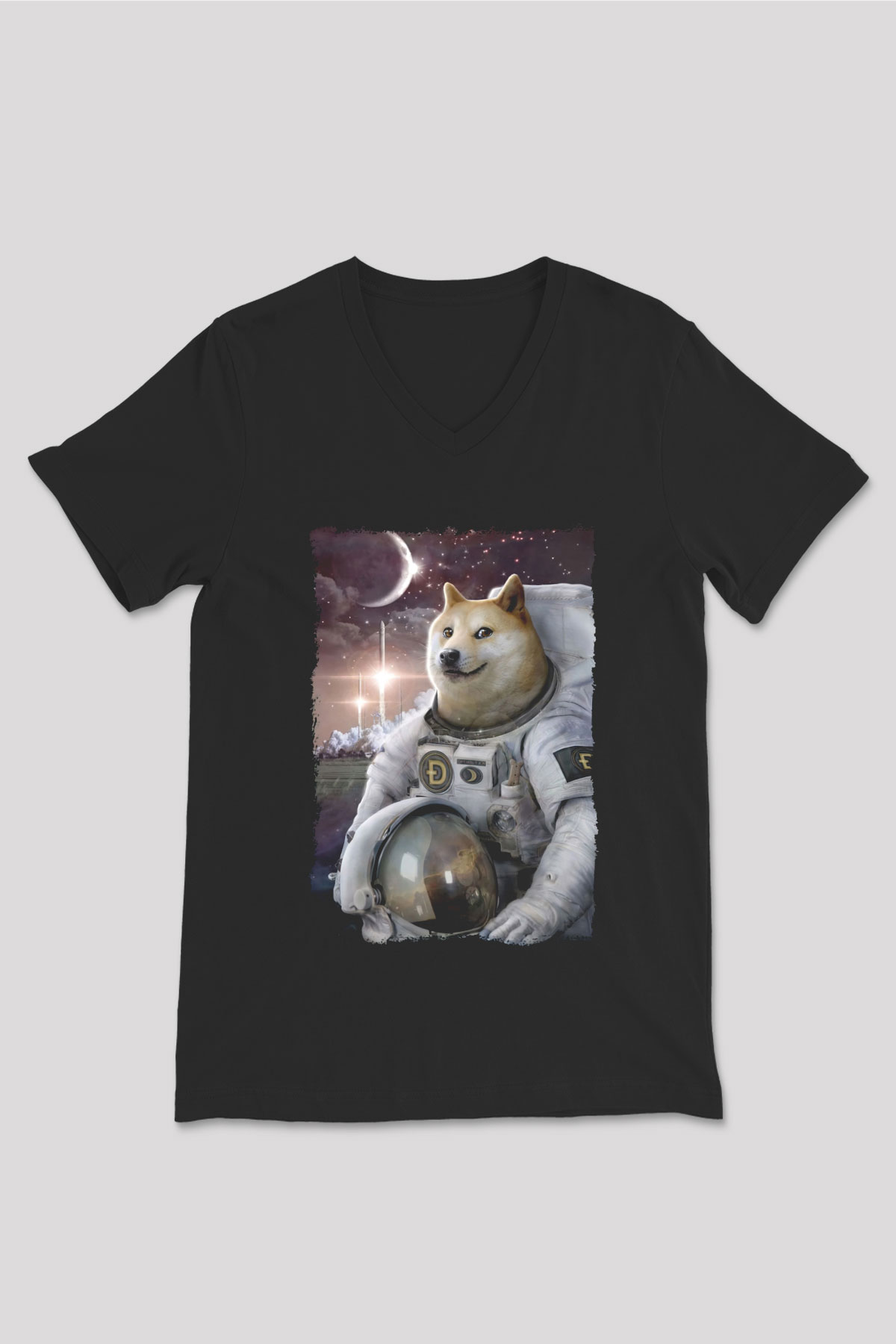 Astronot Husky Baskılı Unisex Siyah  V Yaka Tişört