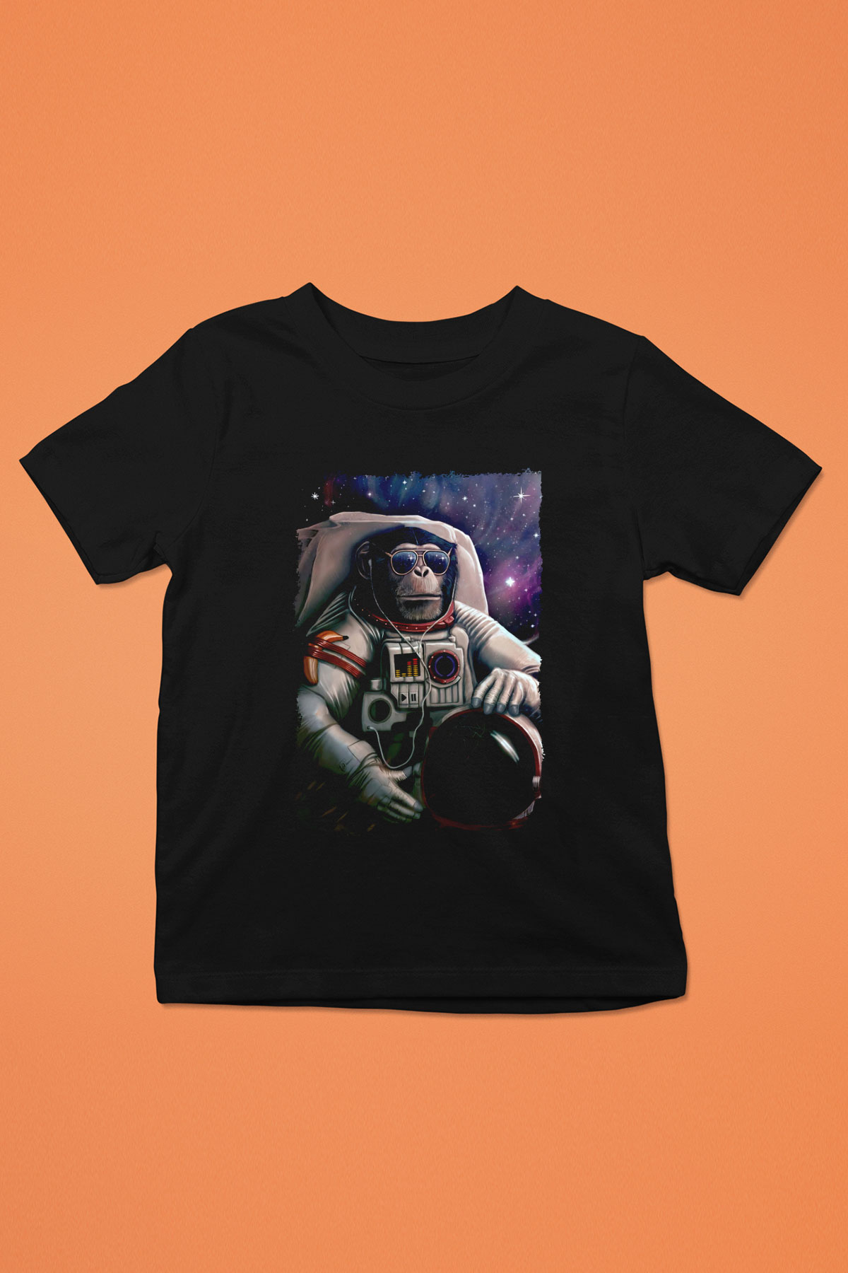 Astronot Maymun Baskılı Unisex Siyah  Çocuk Tişört