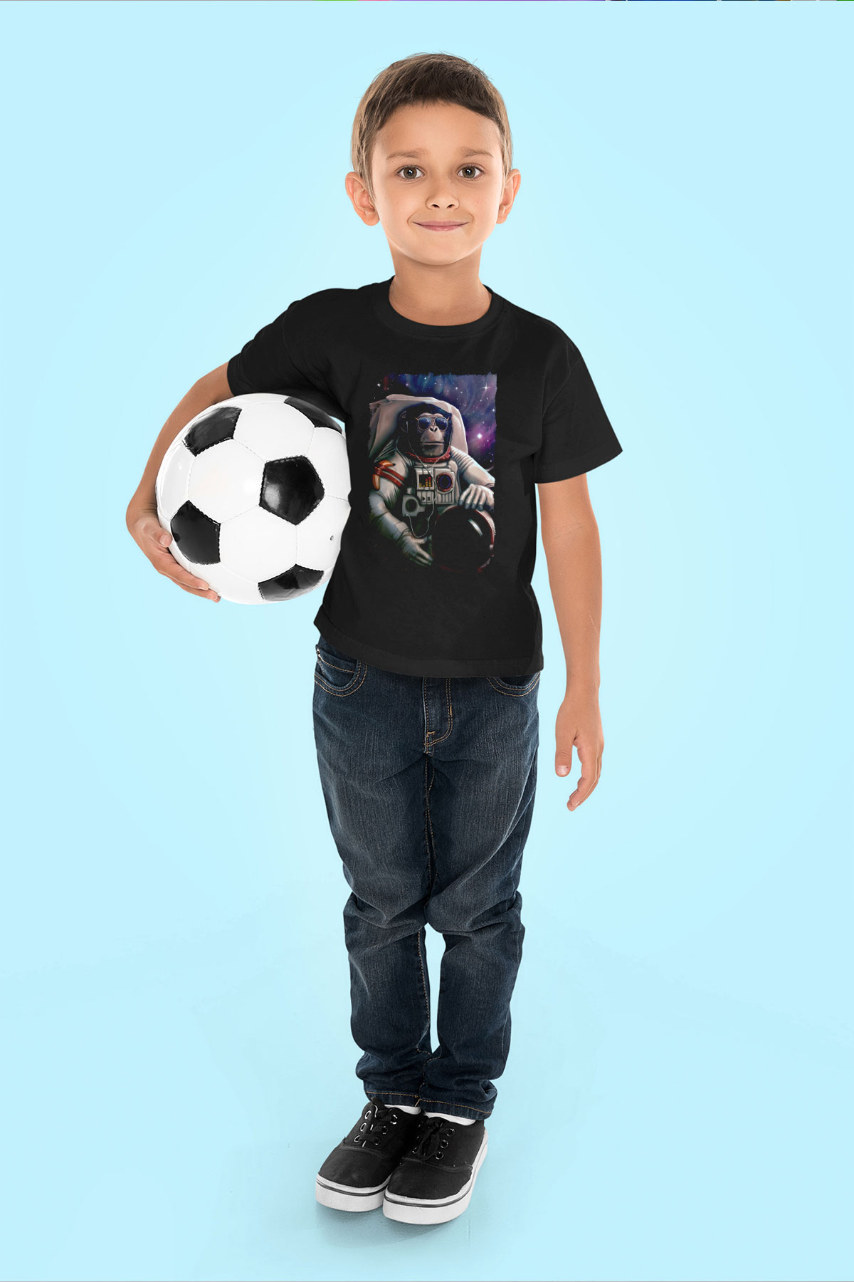Astronot Maymun Baskılı Unisex Siyah  Çocuk Tişört