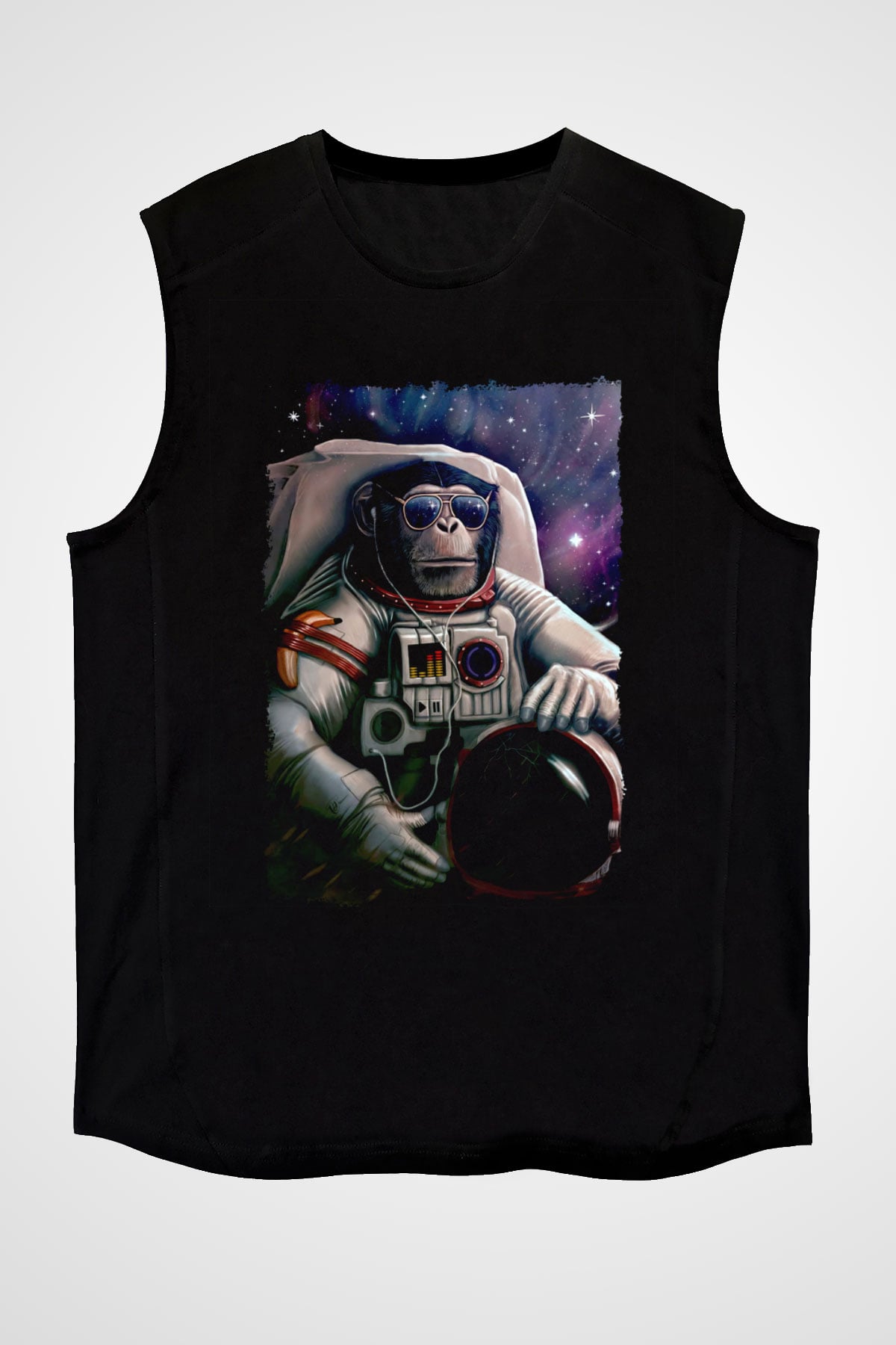 Astronot Maymun Baskılı Unisex Siyah  Kolsuz Tişört