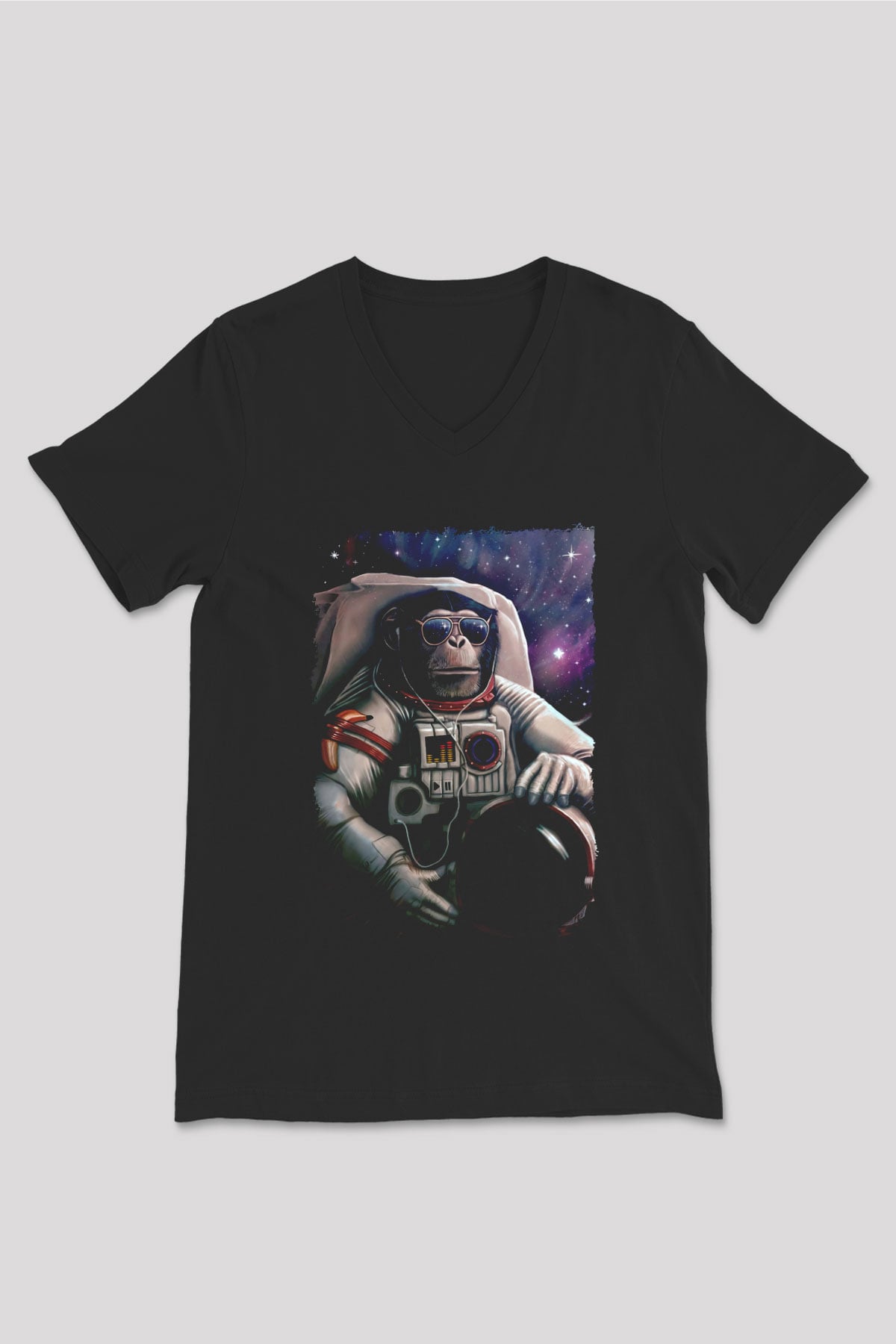 Astronot Maymun Baskılı Unisex Siyah  V Yaka Tişört
