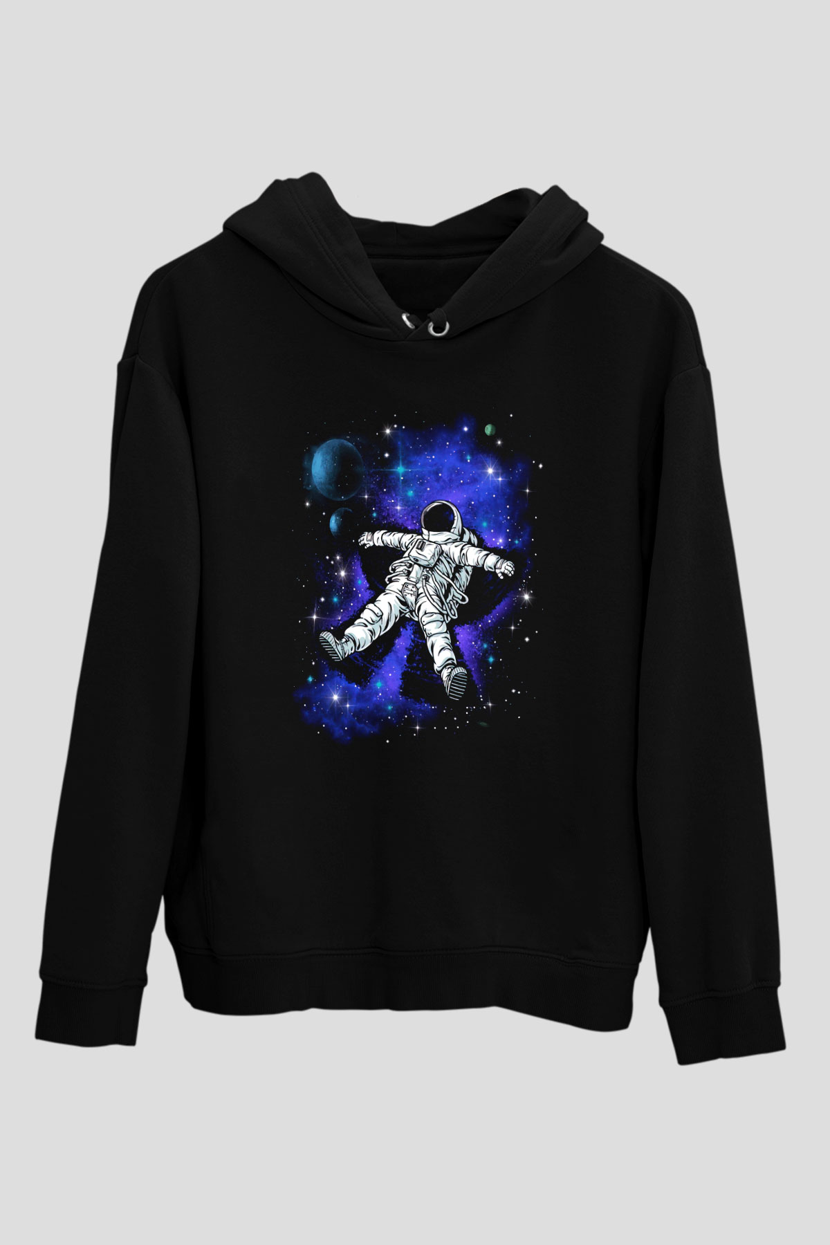 Astronot Siyah Unisex Kapşonlu Sweatshirt