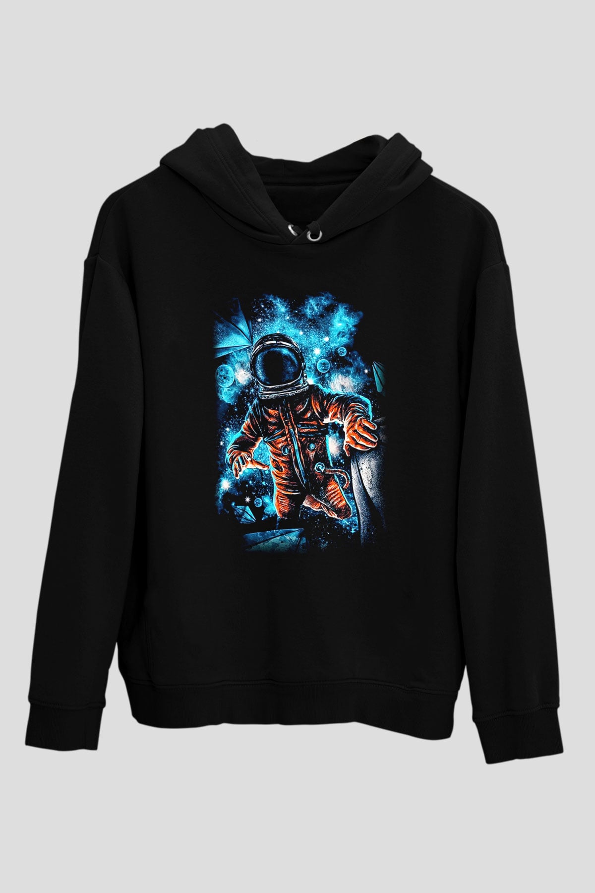 Astronot Siyah Unisex Kapşonlu Sweatshirt