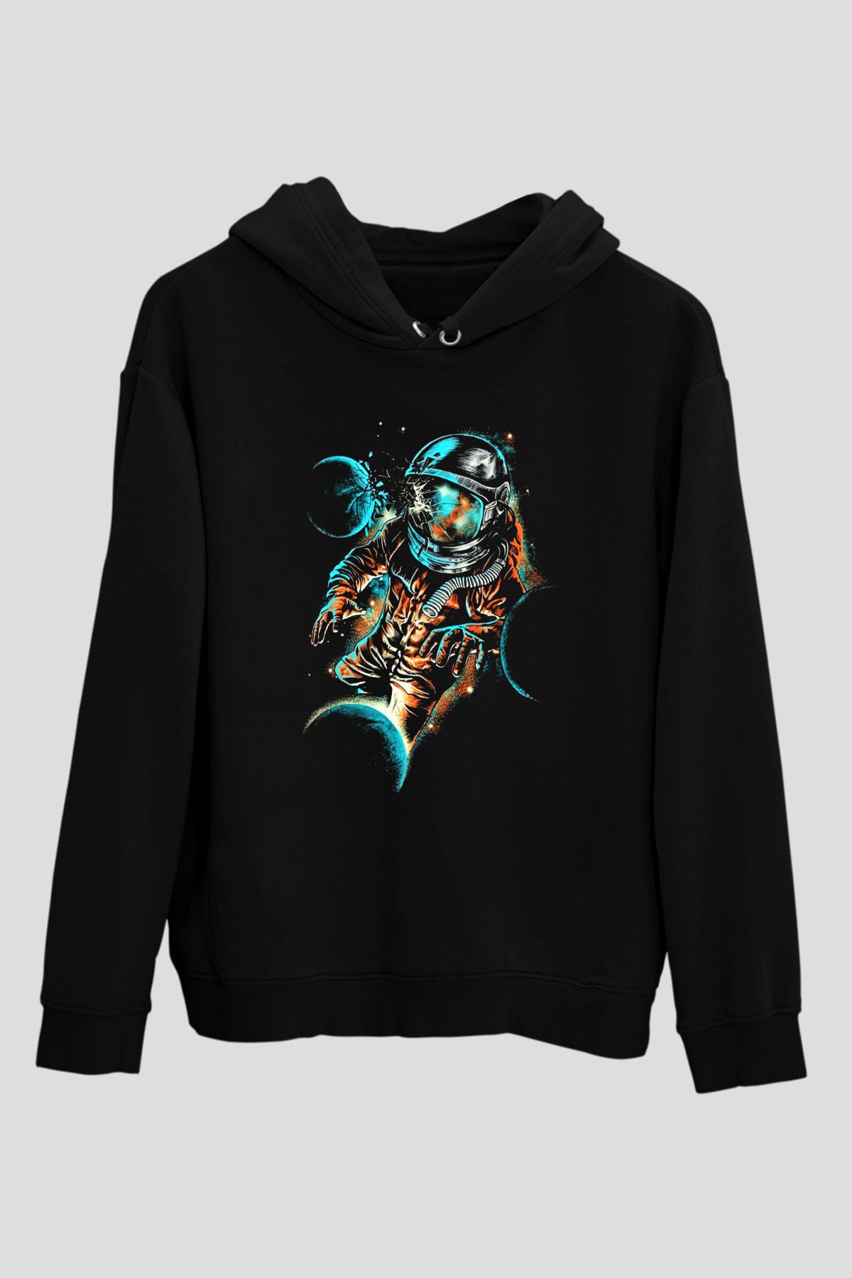 Astronot Siyah Unisex Kapşonlu Sweatshirt