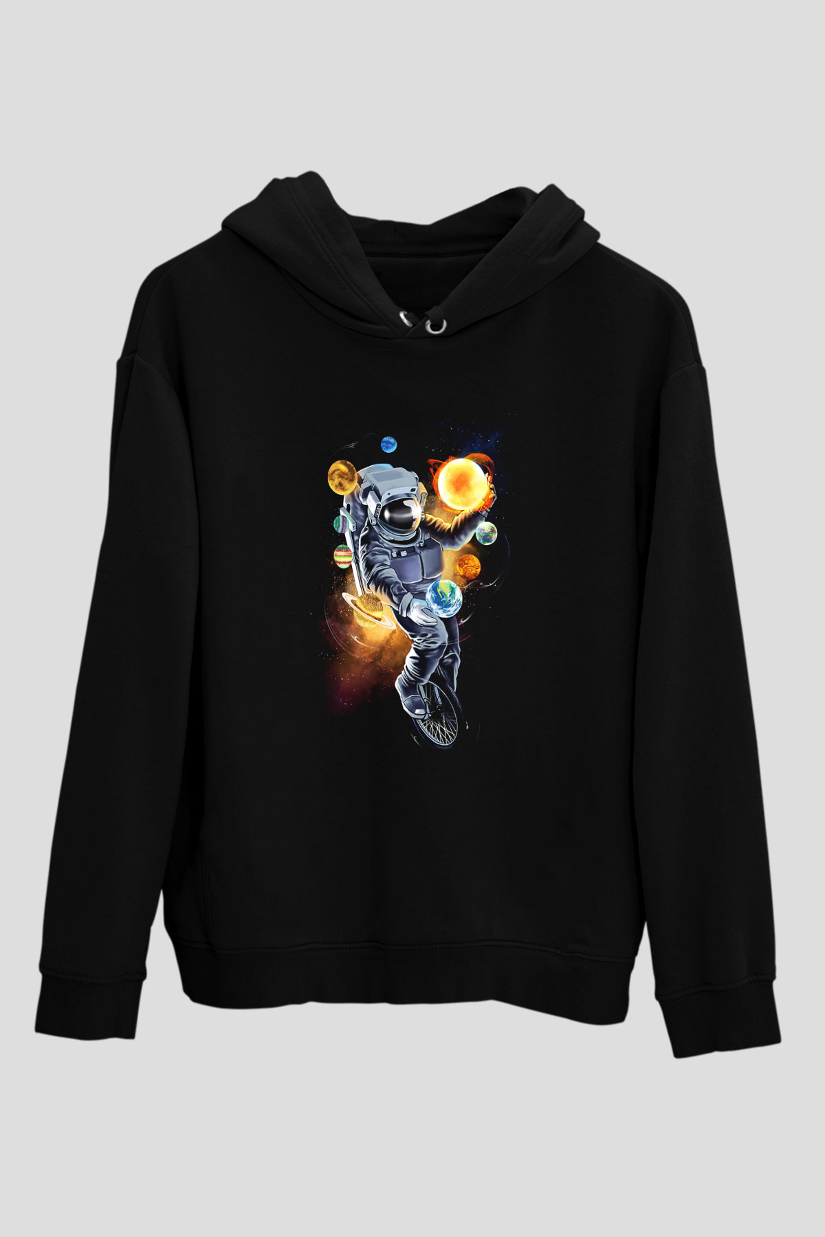 Astronot Siyah Unisex Kapşonlu Sweatshirt