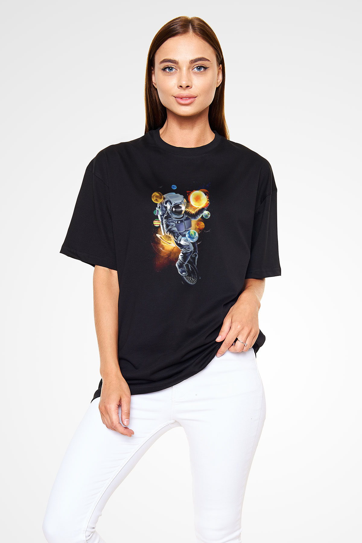 Astronot Siyah Unisex Oversize Tişört T-Shirt