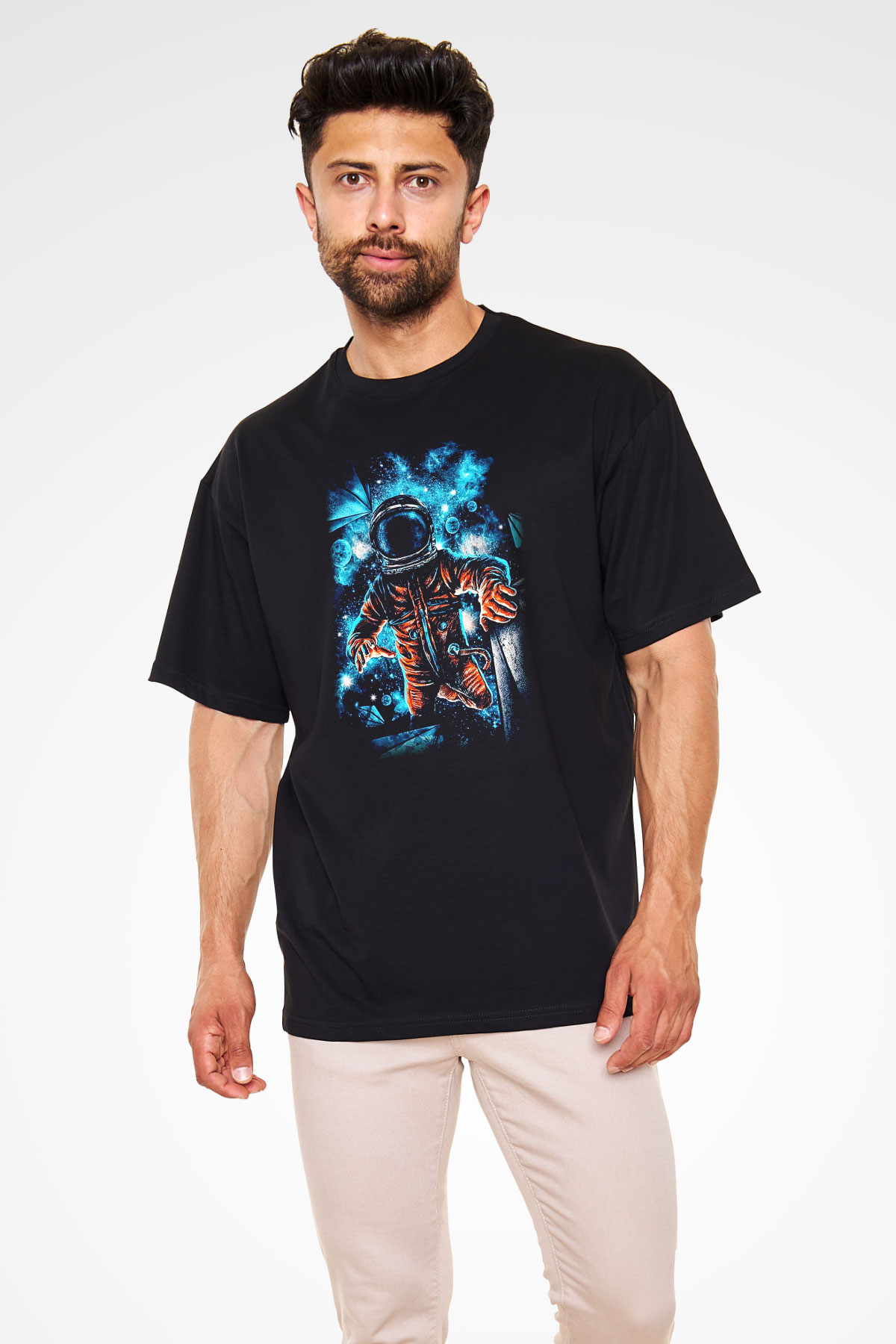 Astronot Siyah Unisex Oversize Tişört T-Shirt