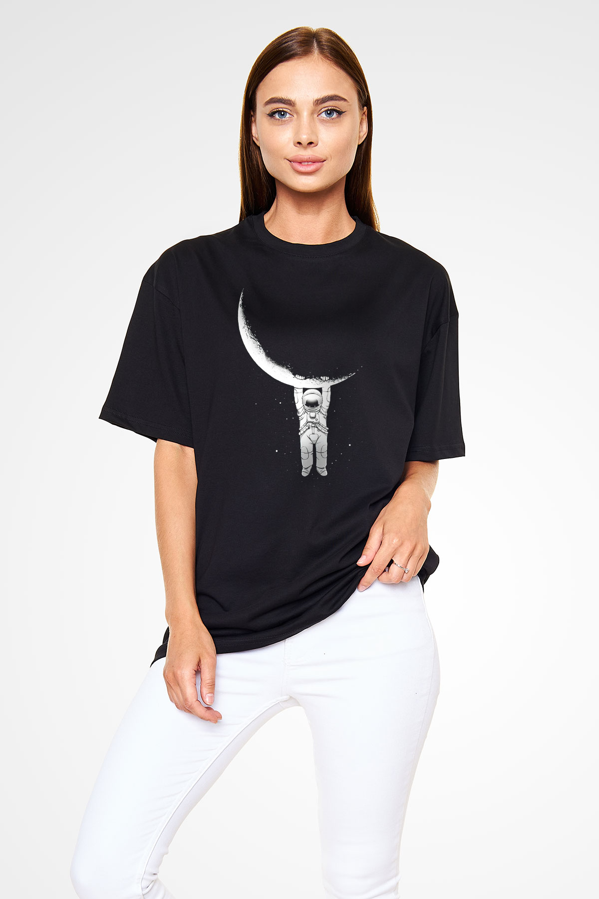 Astronot Siyah Unisex Oversize Tişört T-Shirt