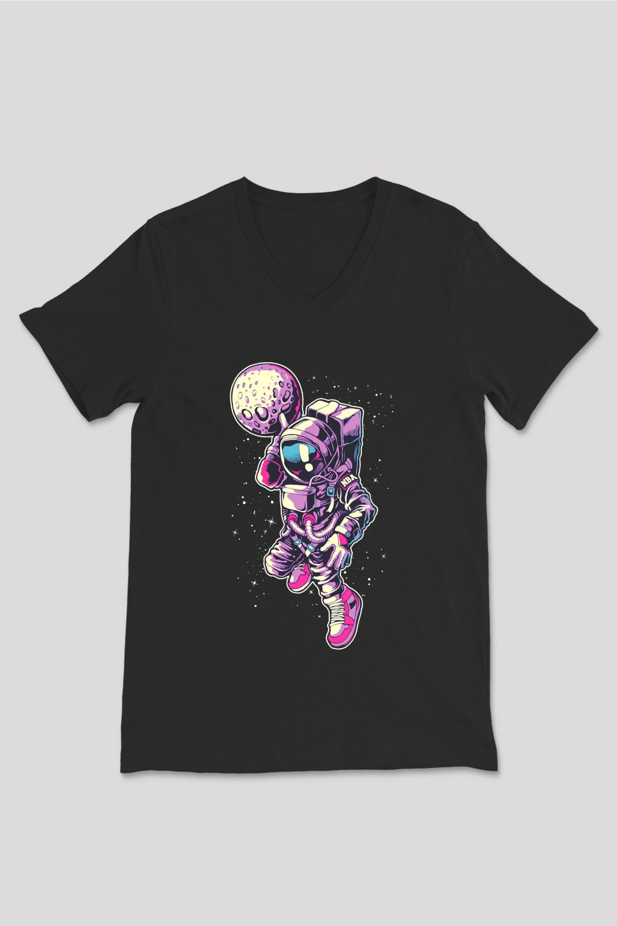 Astronot Siyah Unisex V Yaka Tişört T-Shirt