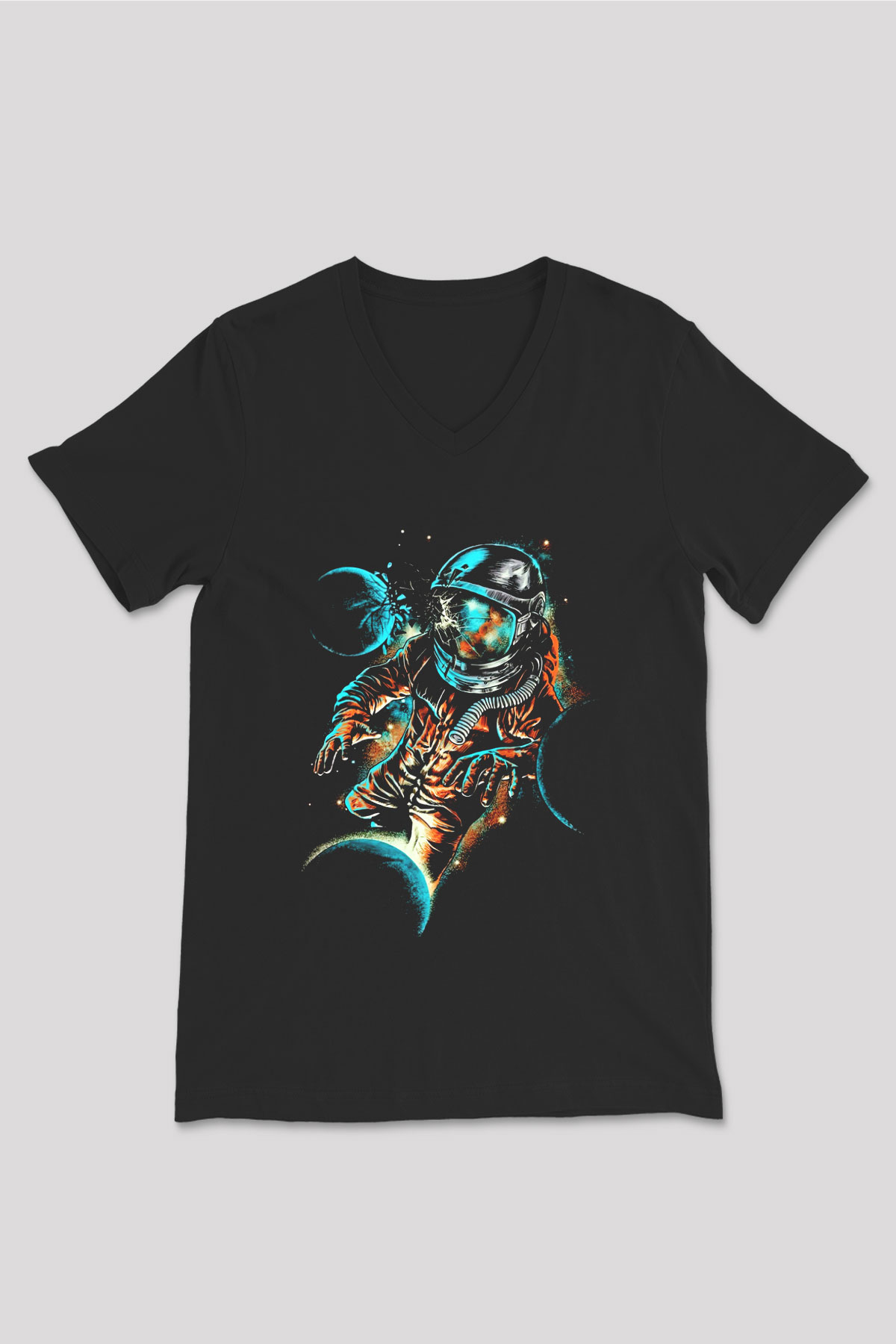 Astronot Siyah Unisex V Yaka Tişört T-Shirt