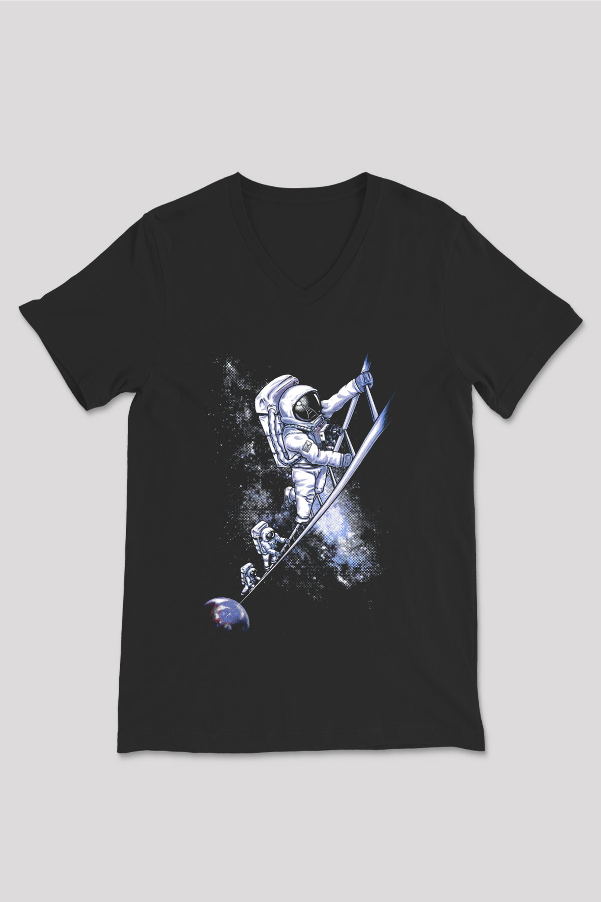 Astronot Siyah Unisex V Yaka Tişört T-Shirt