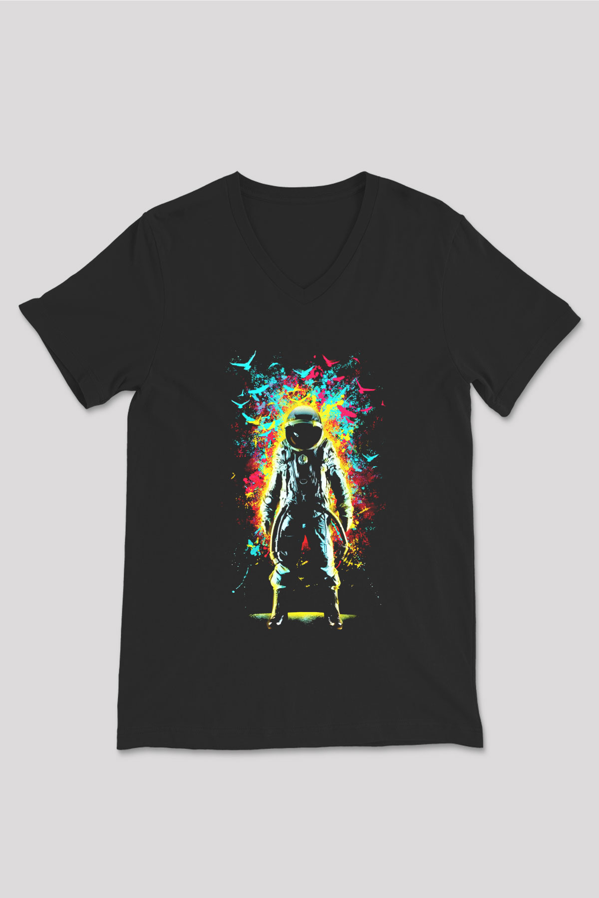 Astronot Siyah Unisex V Yaka Tişört T-Shirt