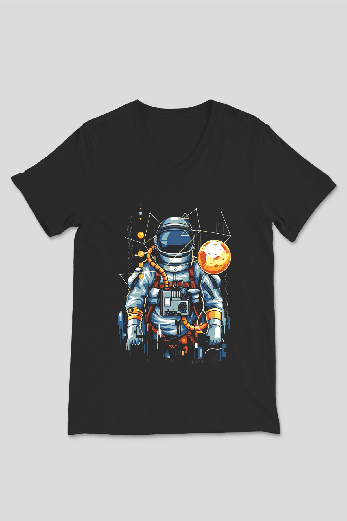 Astronot Siyah Unisex V Yaka Tişört T-Shirt