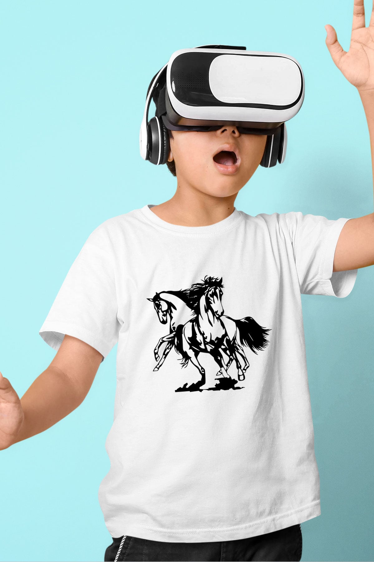 At Baskılı Beyaz Unisex Çocuk Tişört