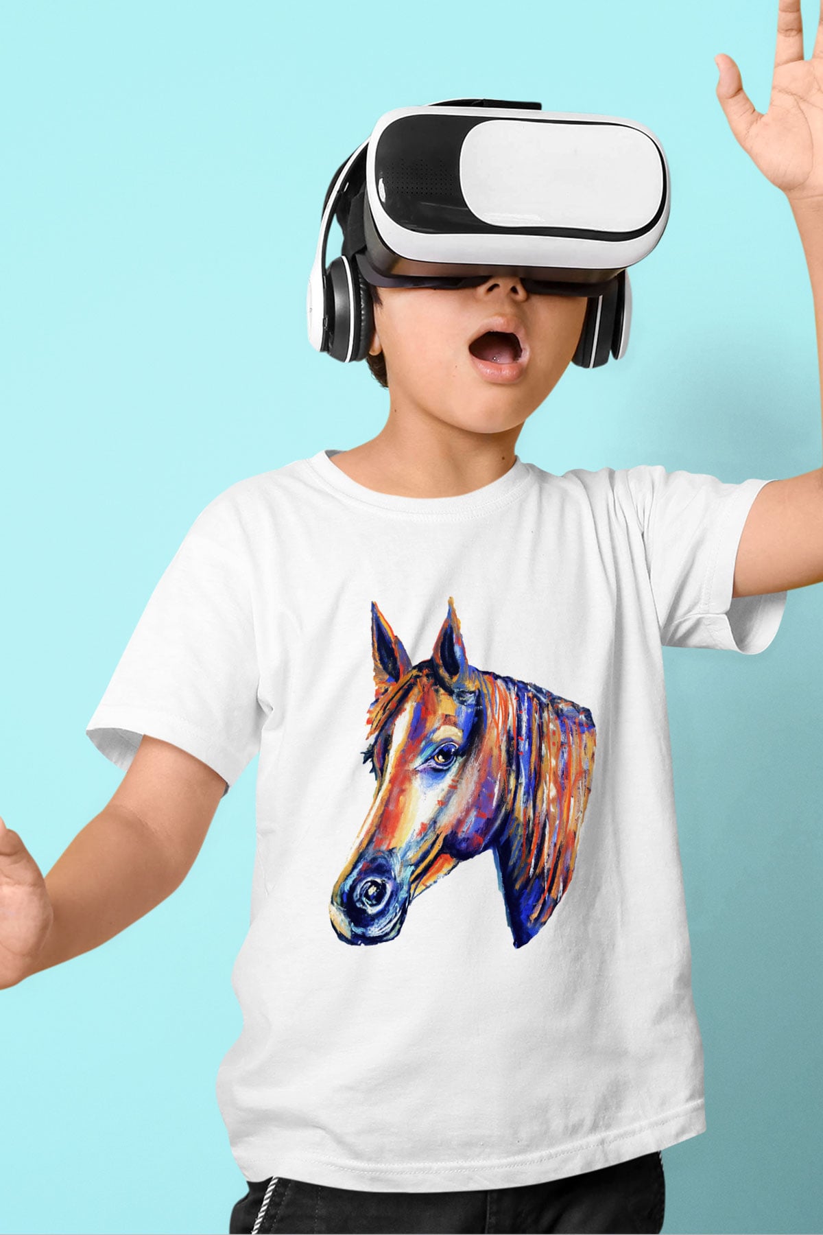 At Baskılı Beyaz Unisex Çocuk Tişört