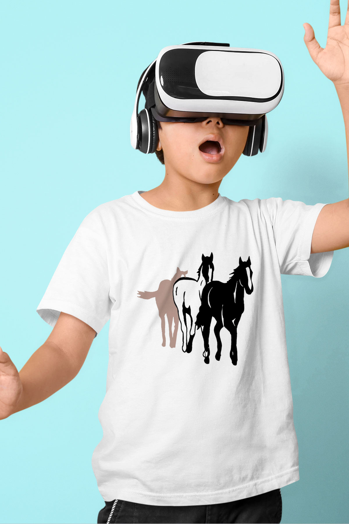 At Baskılı Beyaz Unisex Çocuk Tişört