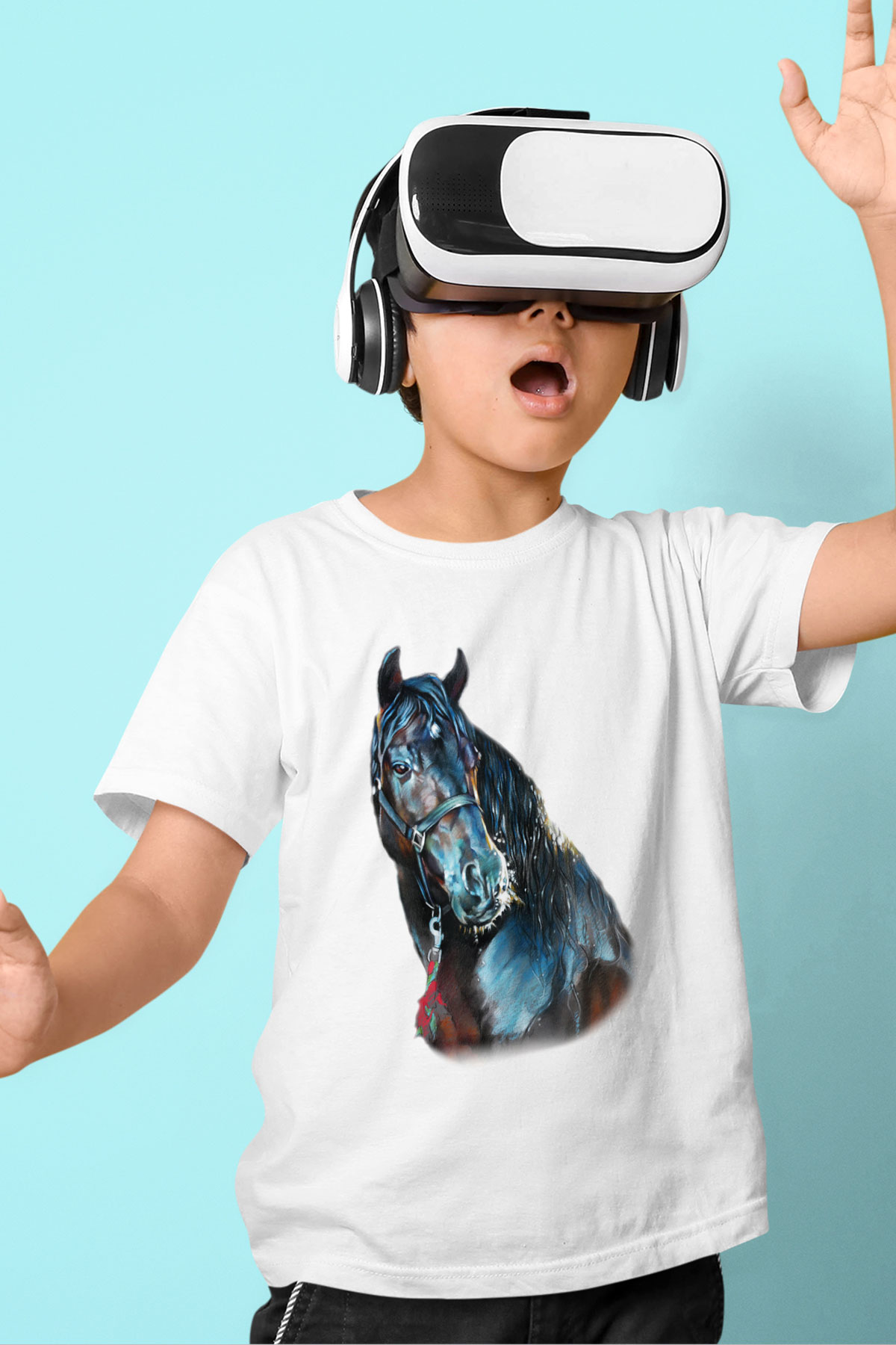 At Baskılı Beyaz Unisex Çocuk Tişört