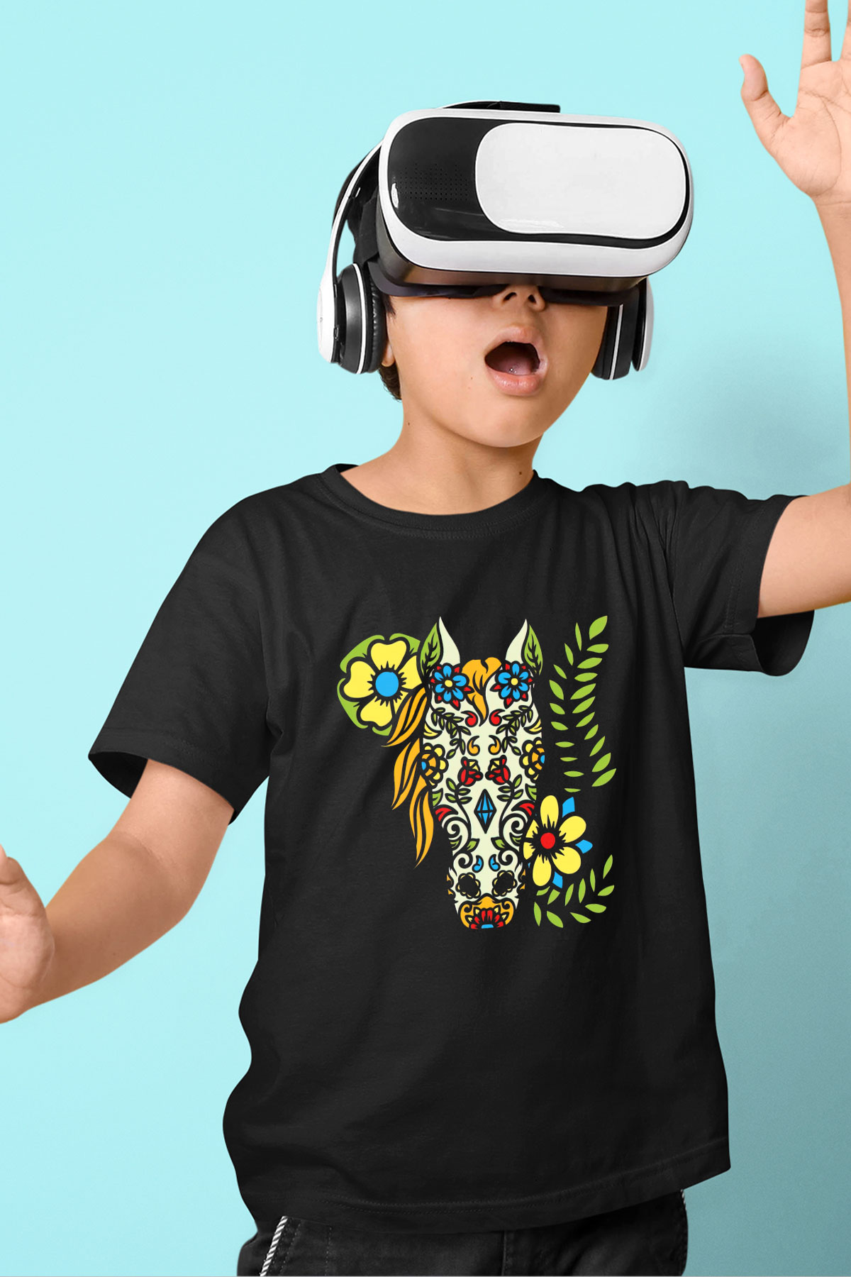 At Baskılı Siyah Unisex Çocuk Tişört