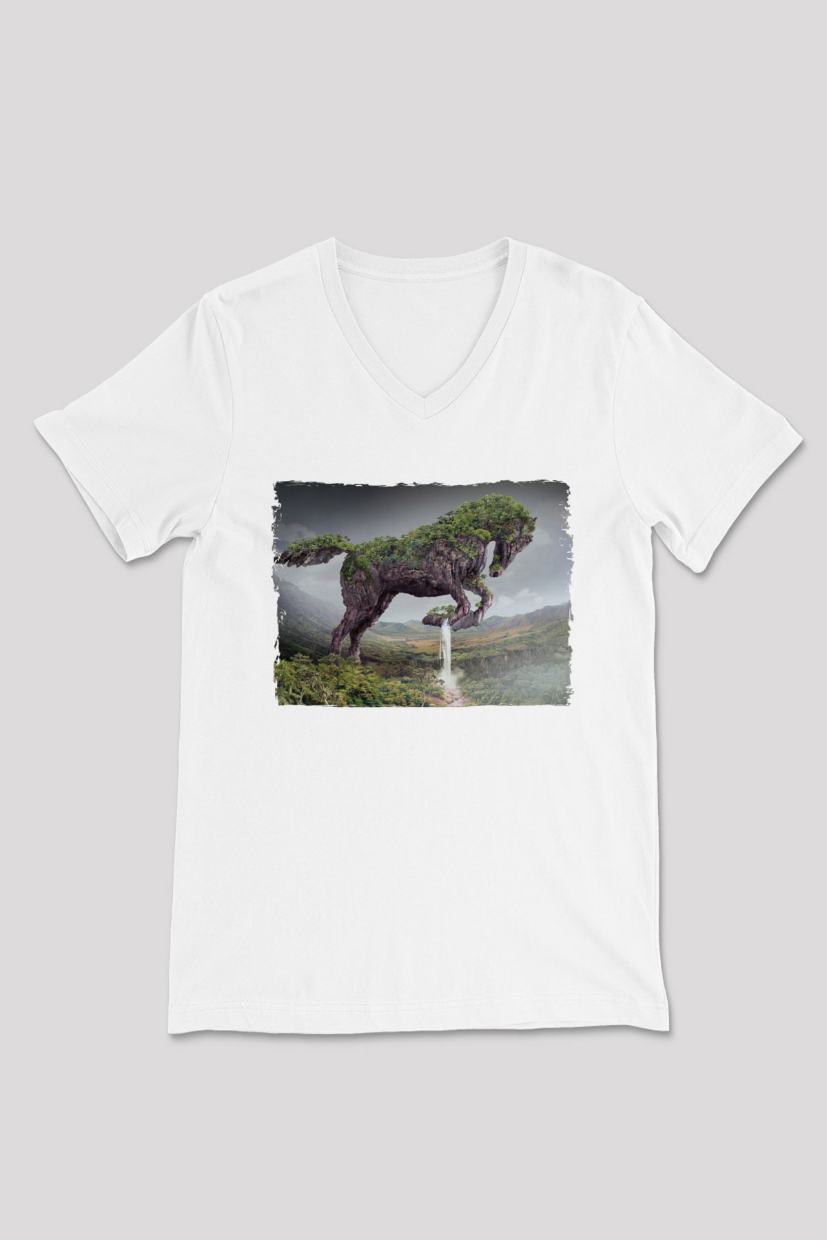 At Baskılı Unisex Beyaz  V Yaka Tişört