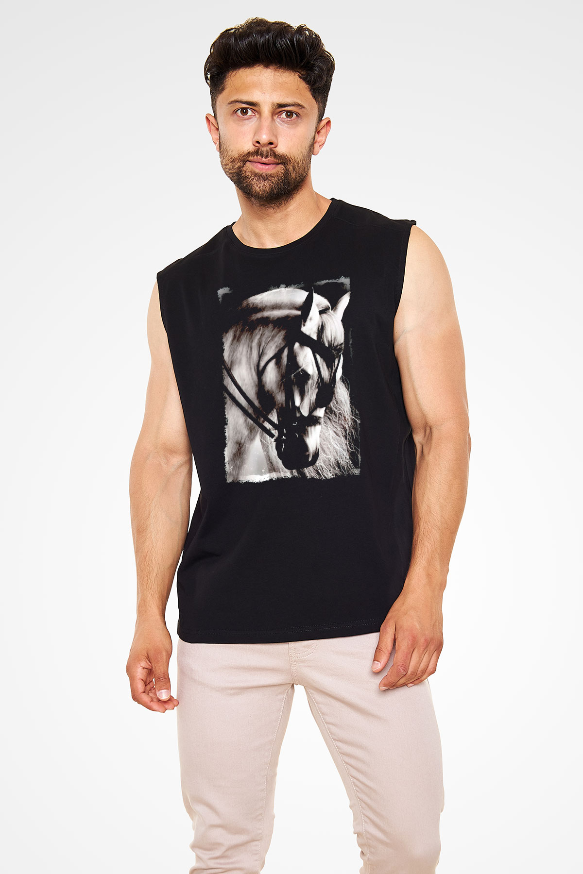 At Baskılı Unisex Siyah  Kolsuz Tişört