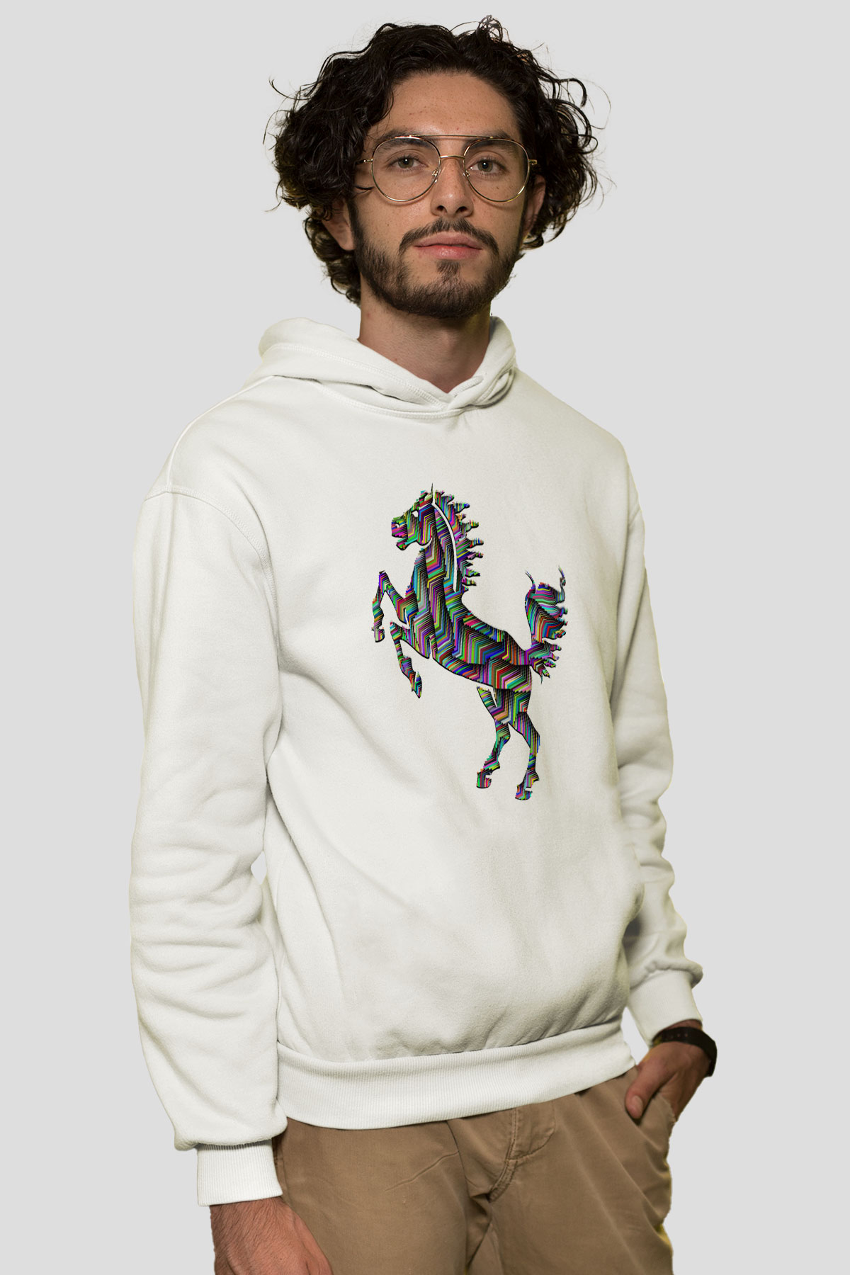 At Beyaz Unisex Kapşonlu Sweatshirt