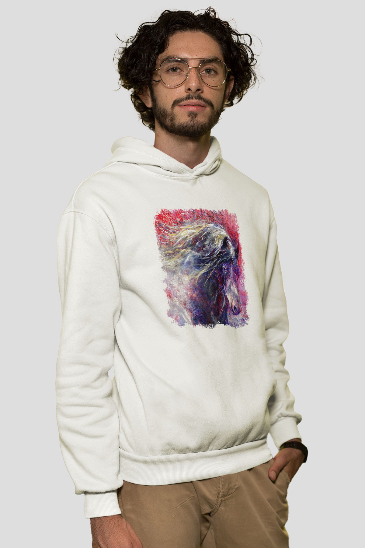 At Beyaz Unisex Kapşonlu Sweatshirt