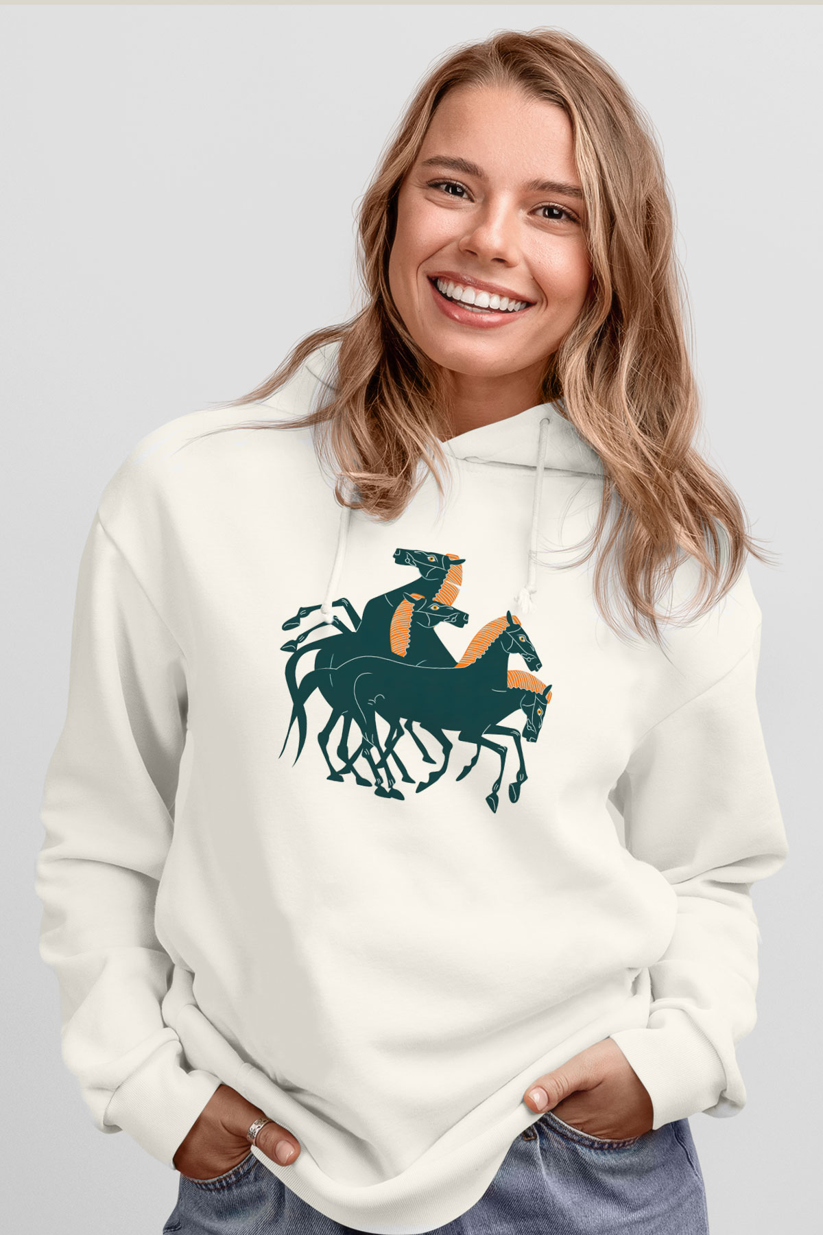 At Beyaz Unisex Kapşonlu Sweatshirt