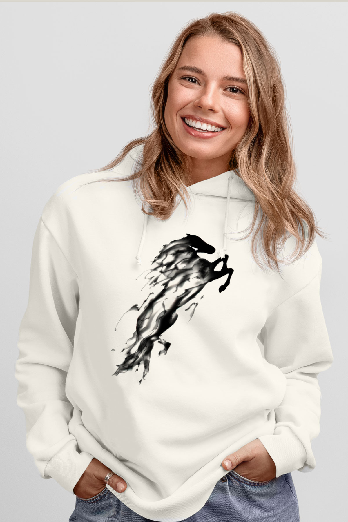At Beyaz Unisex Kapşonlu Sweatshirt