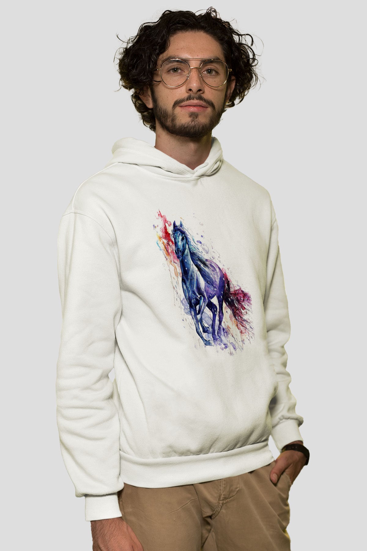 At Beyaz Unisex Kapşonlu Sweatshirt
