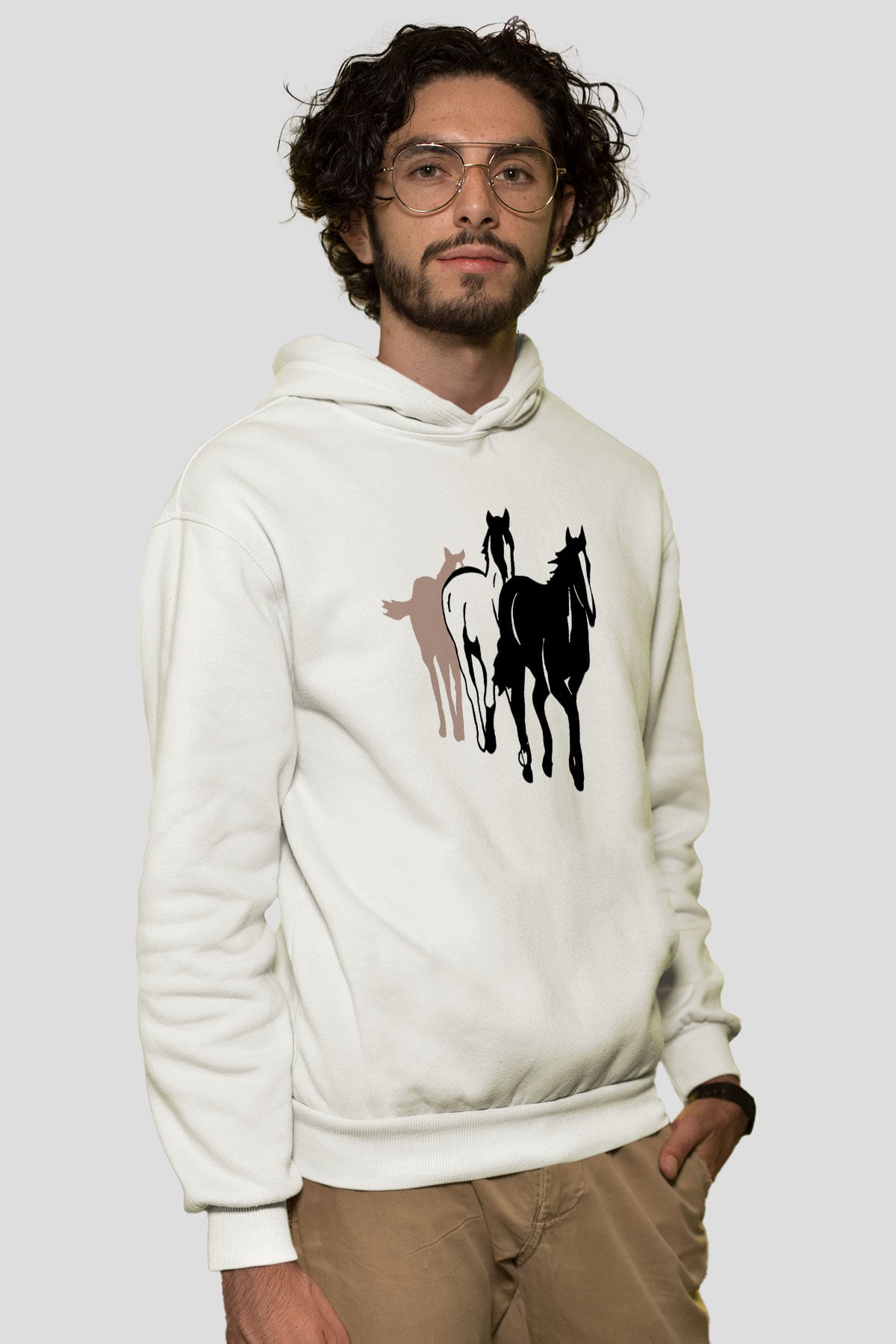 At Beyaz Unisex Kapşonlu Sweatshirt