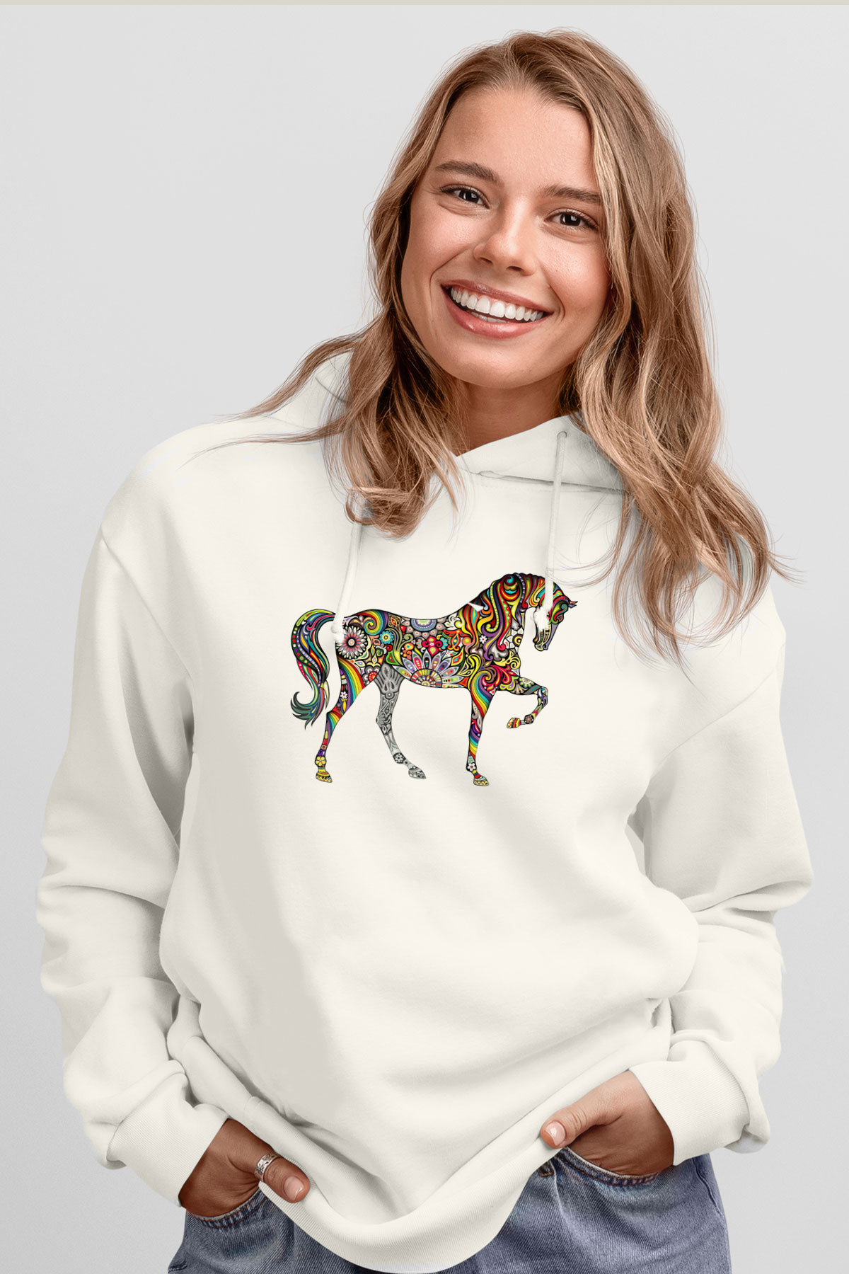 At Beyaz Unisex Kapşonlu Sweatshirt