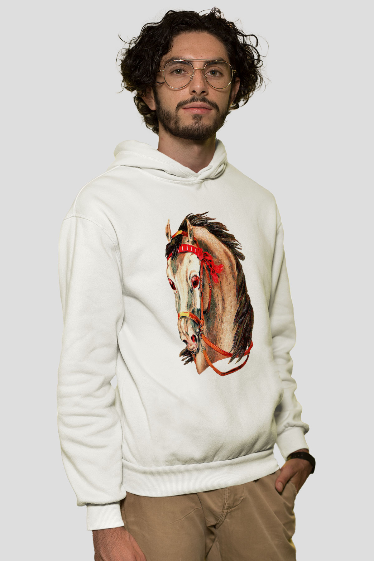 At Beyaz Unisex Kapşonlu Sweatshirt