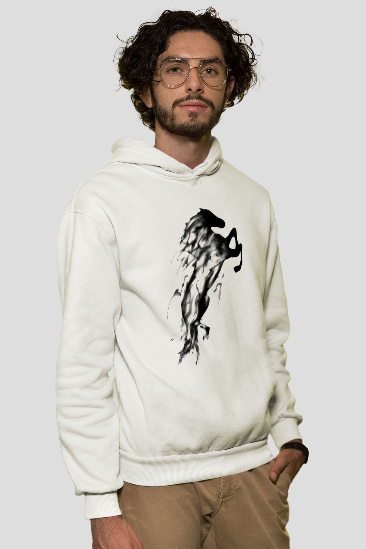 At Beyaz Unisex Kapşonlu Sweatshirt
