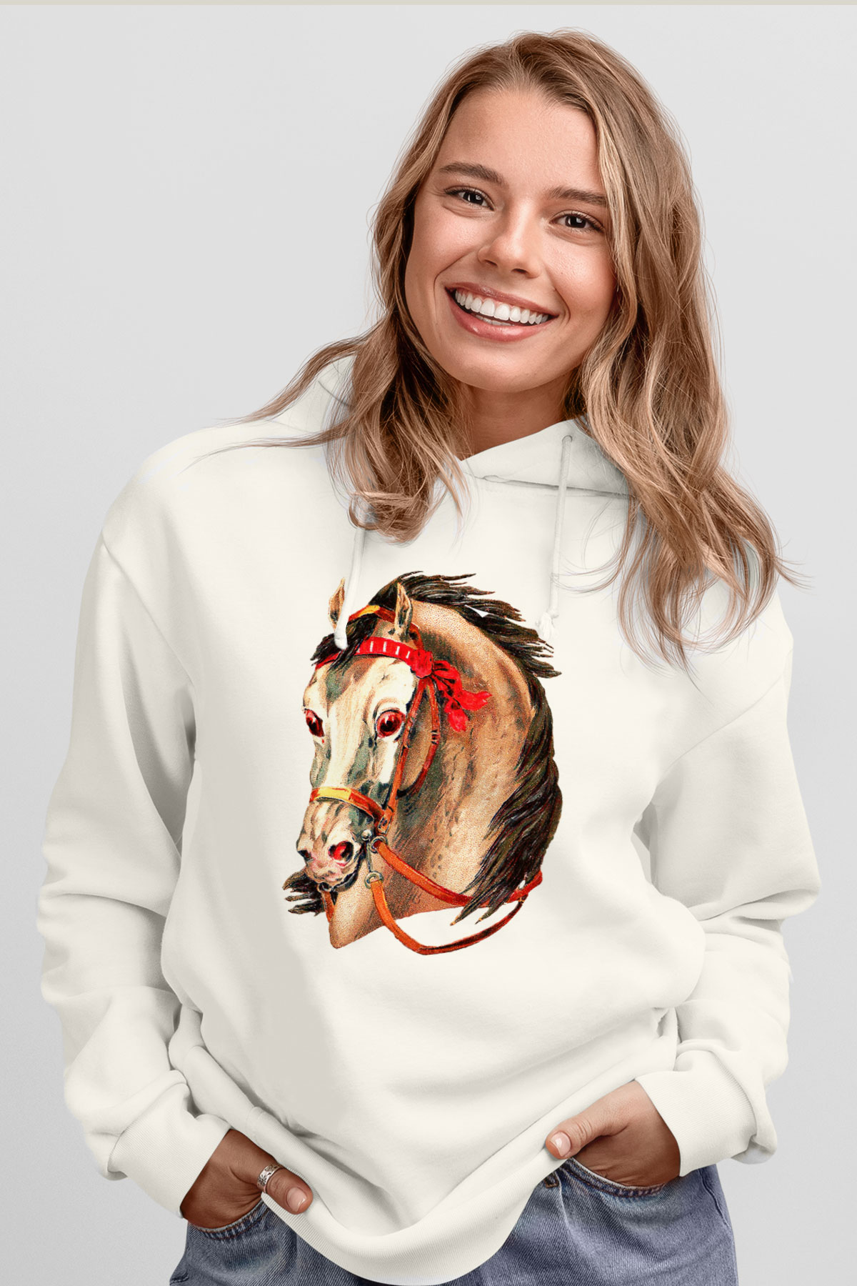 At Beyaz Unisex Kapşonlu Sweatshirt