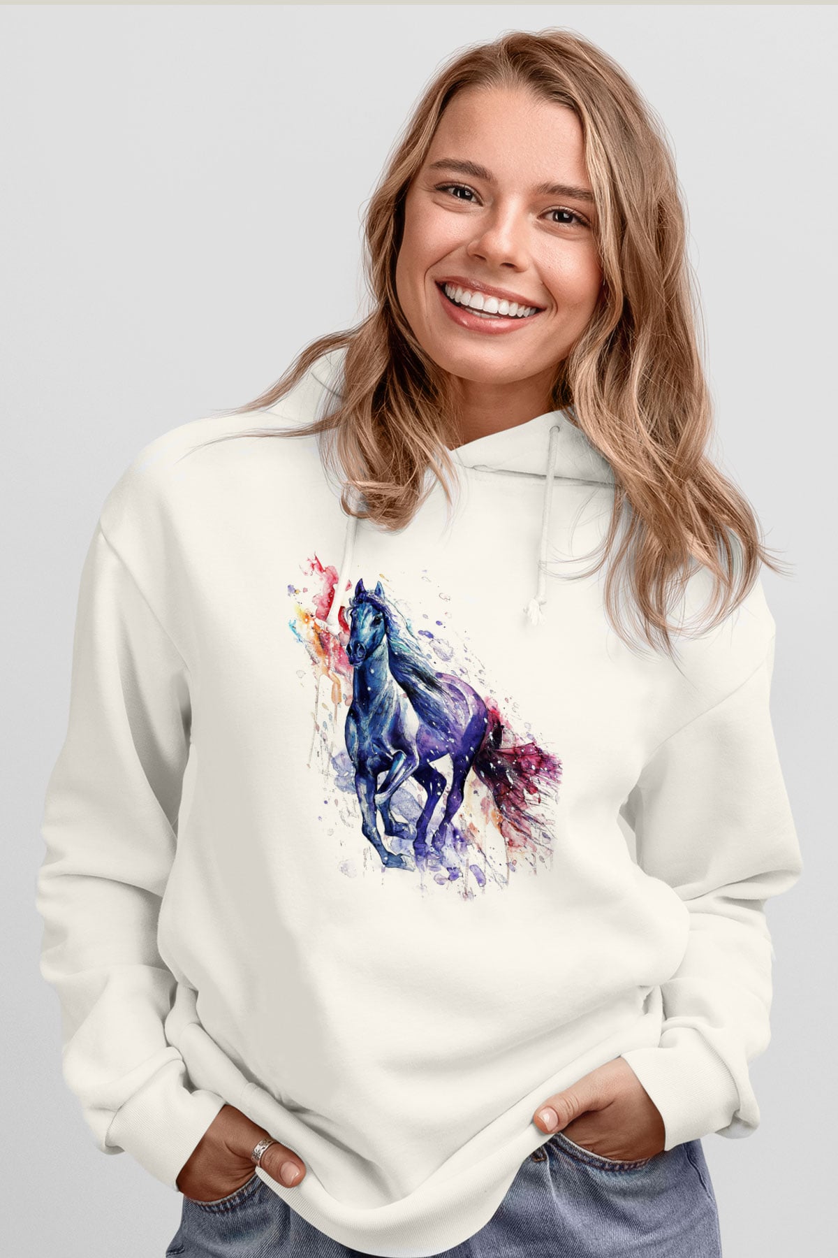 At Beyaz Unisex Kapşonlu Sweatshirt