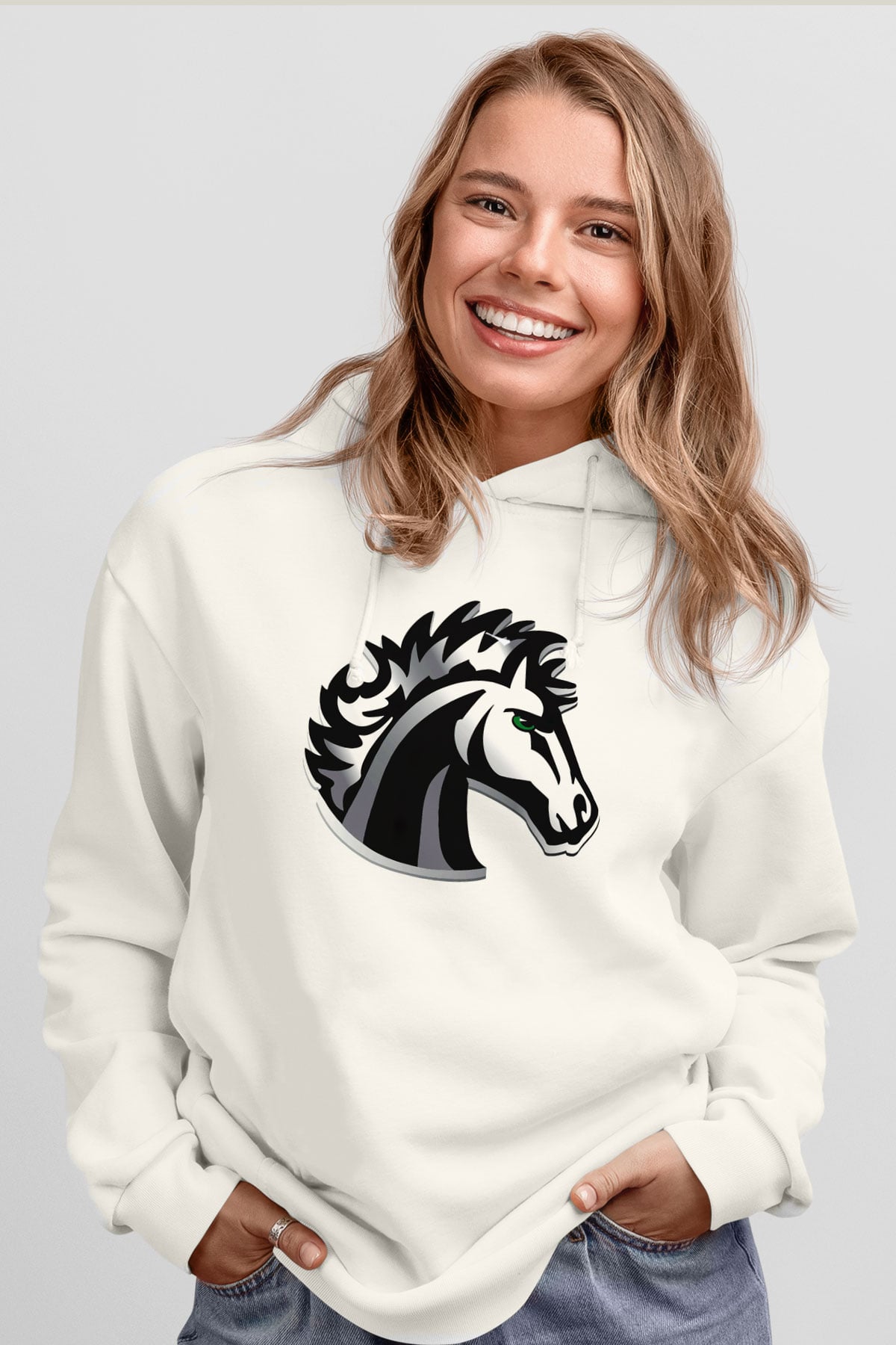 At Beyaz Unisex Kapşonlu Sweatshirt