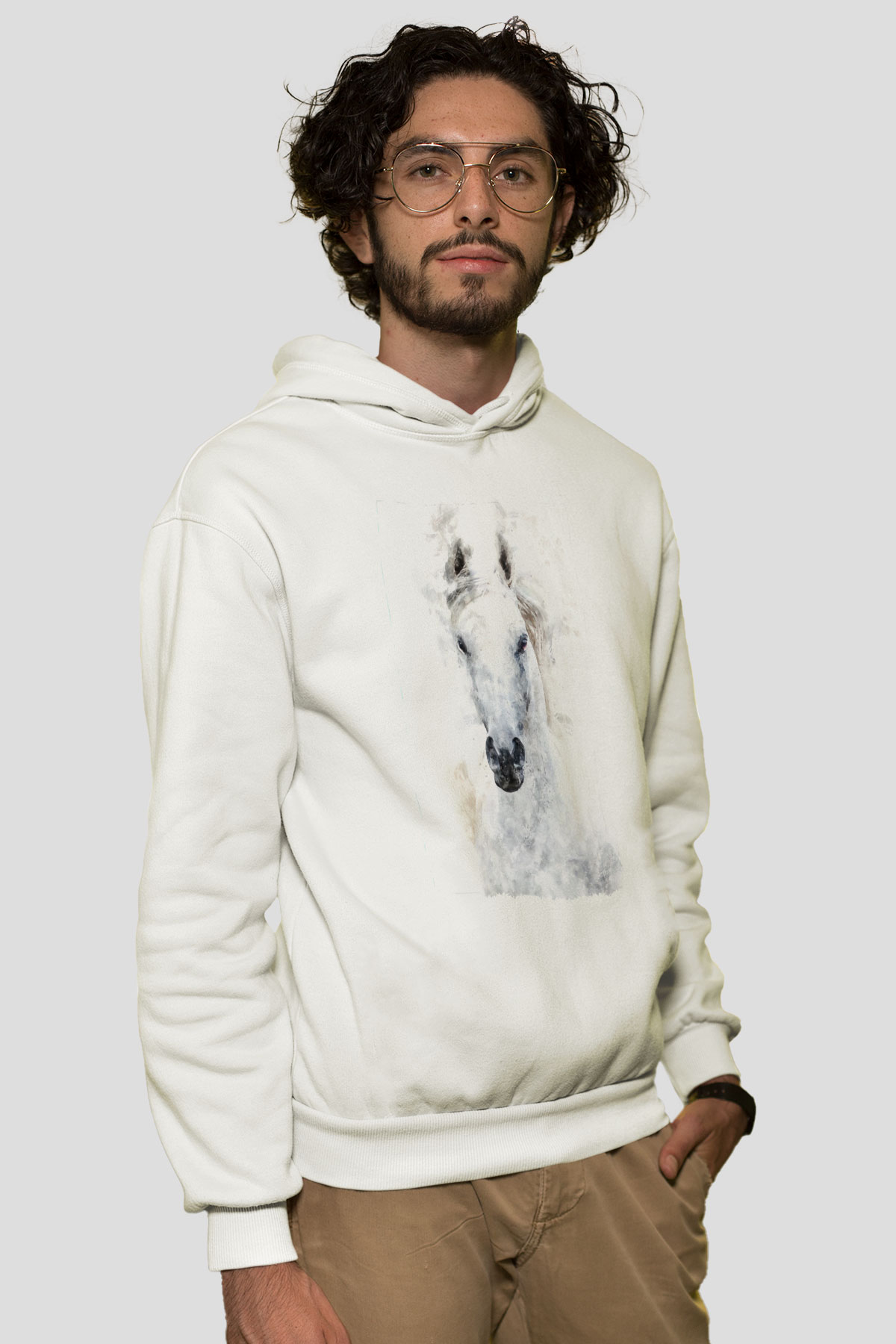 At Beyaz Unisex Kapüşonlu Sweatshirt
