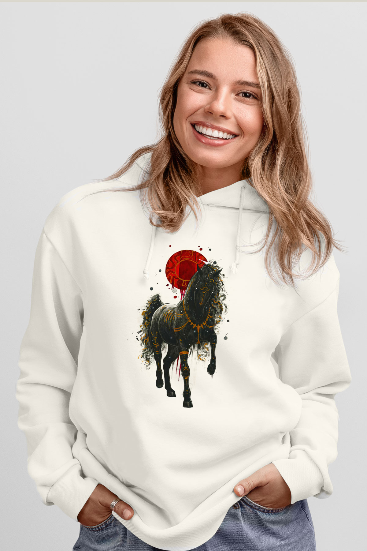 At Beyaz Unisex Kapüşonlu Sweatshirt