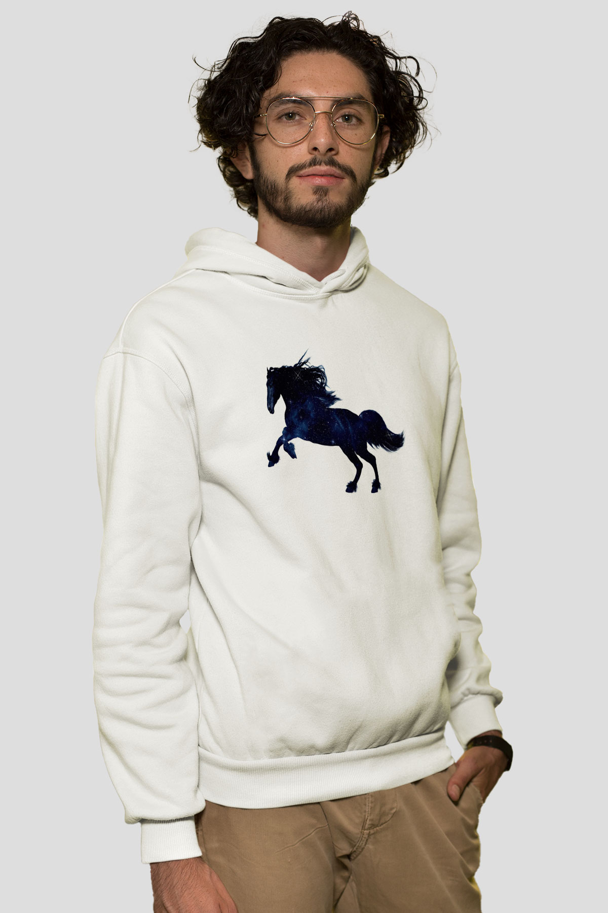 At Beyaz Unisex Kapüşonlu Sweatshirt