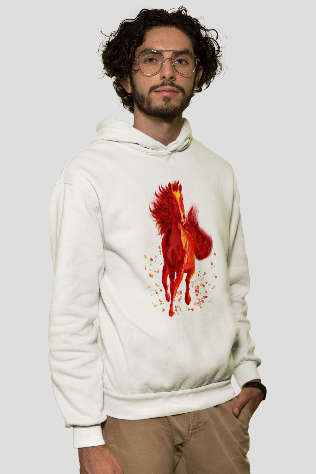 At Beyaz Unisex Kapüşonlu Sweatshirt