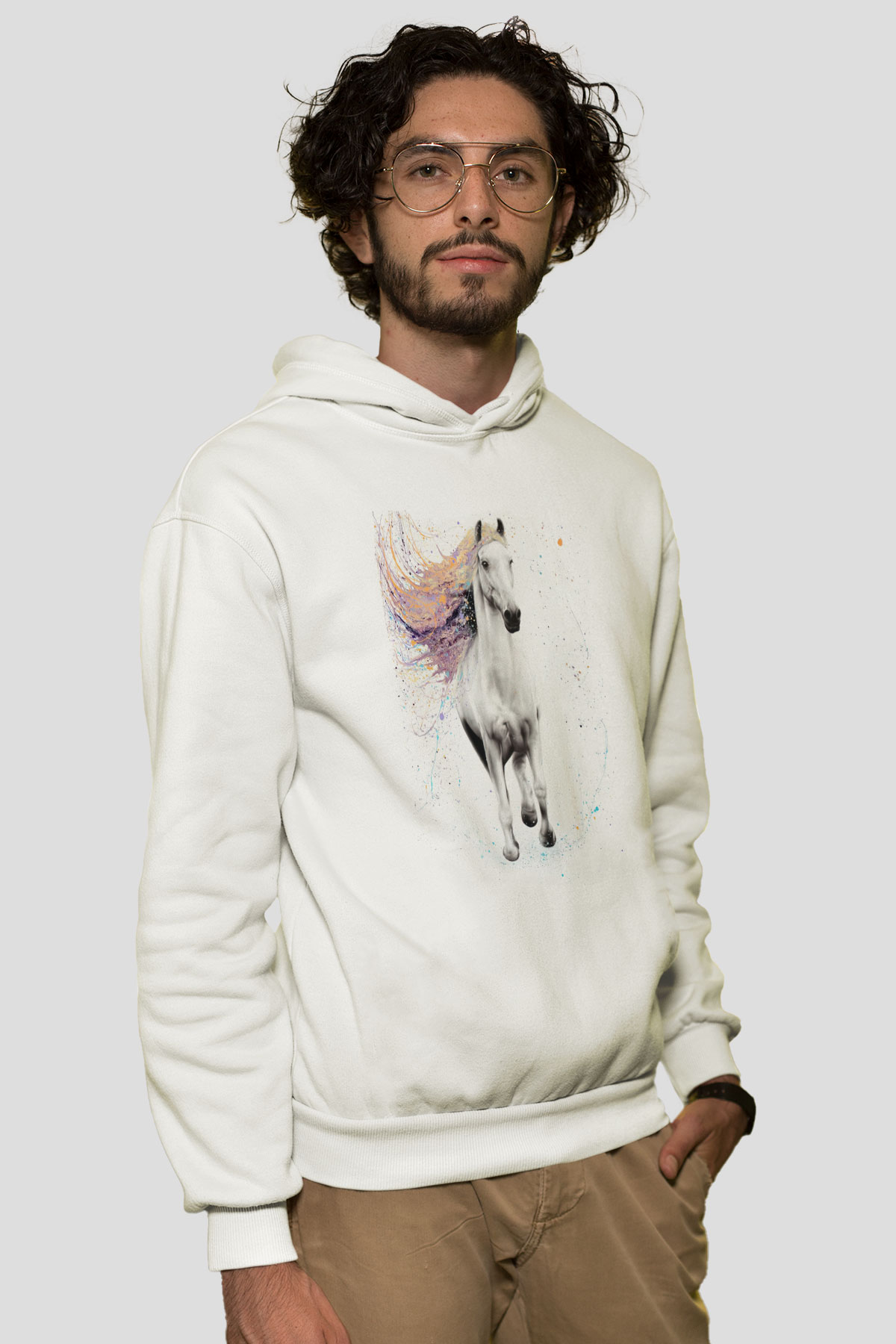 At Beyaz Unisex Kapüşonlu Sweatshirt