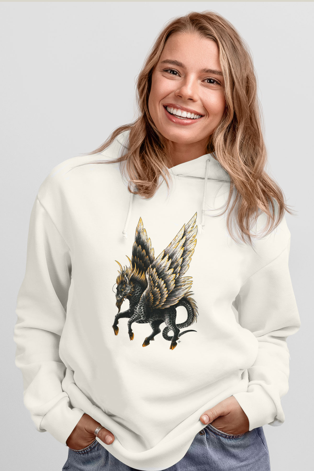 At Beyaz Unisex Kapüşonlu Sweatshirt
